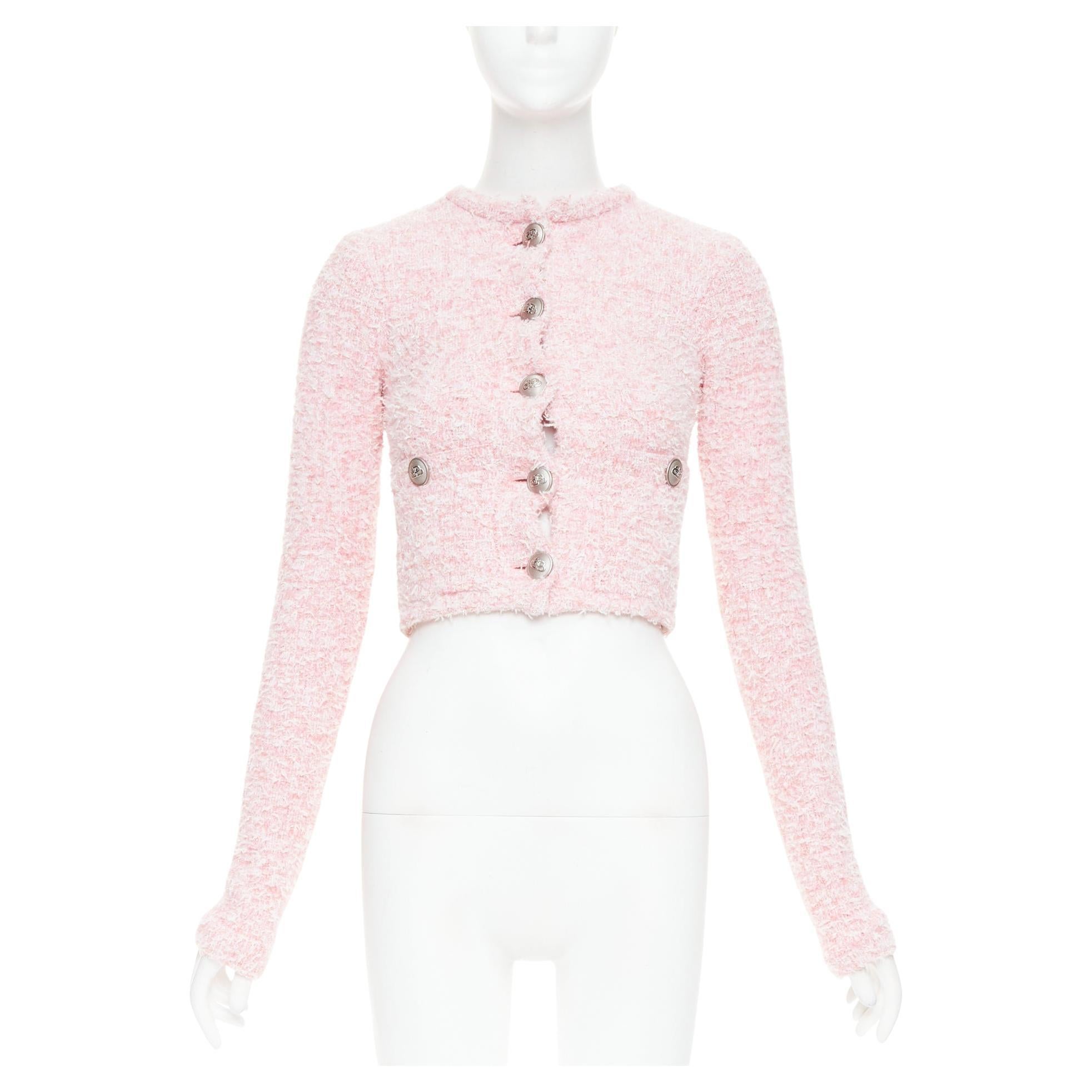 Balenciaga Demna 2024 giacca rosa in tweed di cotone misto BB con logo XS in vendita