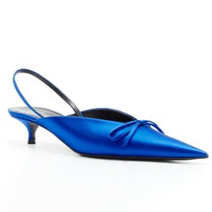BALENCIAGA DEMNA cobalt blue satin knife point bow sling back kitten heel EU38.5