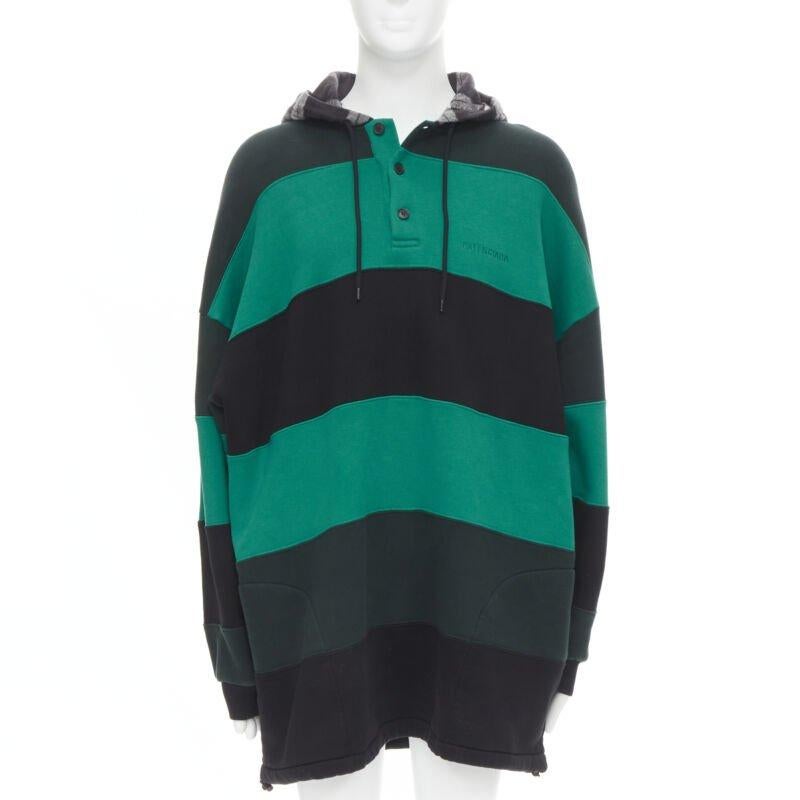 Men's BALENCIAGA Demna green black striped patchwork checked hoodie sweater L For Sale