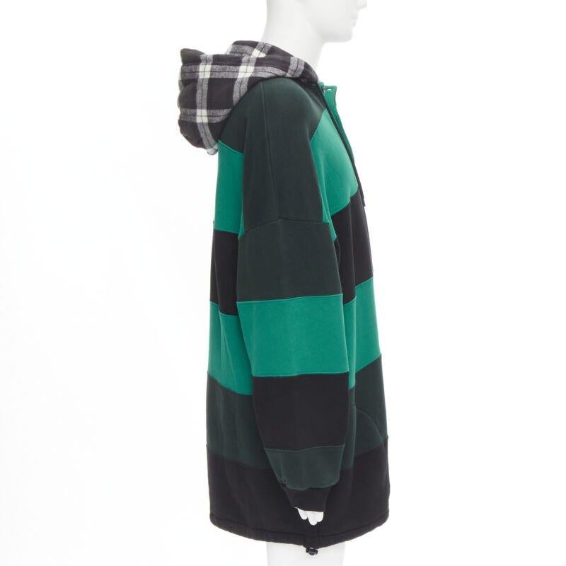 Men's BALENCIAGA Demna green black striped patchwork checked hoodie sweater L For Sale