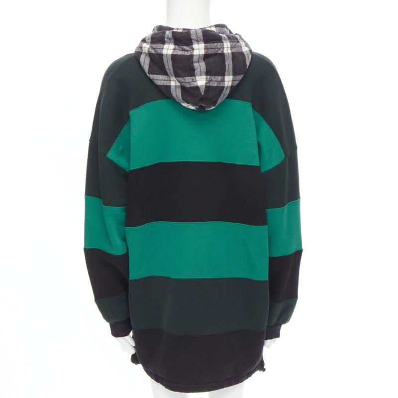 BALENCIAGA Demna green black striped patchwork checked hoodie sweater L For Sale 2