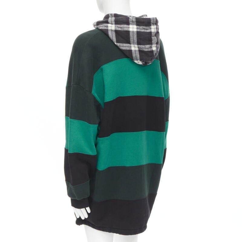BALENCIAGA Demna green black striped patchwork checked hoodie sweater L For Sale 2