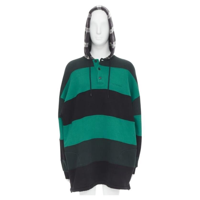 BALENCIAGA Demna green black striped patchwork checked hoodie sweater L For Sale