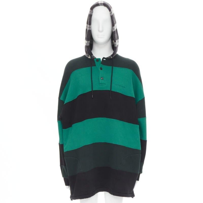 Blue BALENCIAGA Demna green black striped patchwork checked hoodie sweater M For Sale