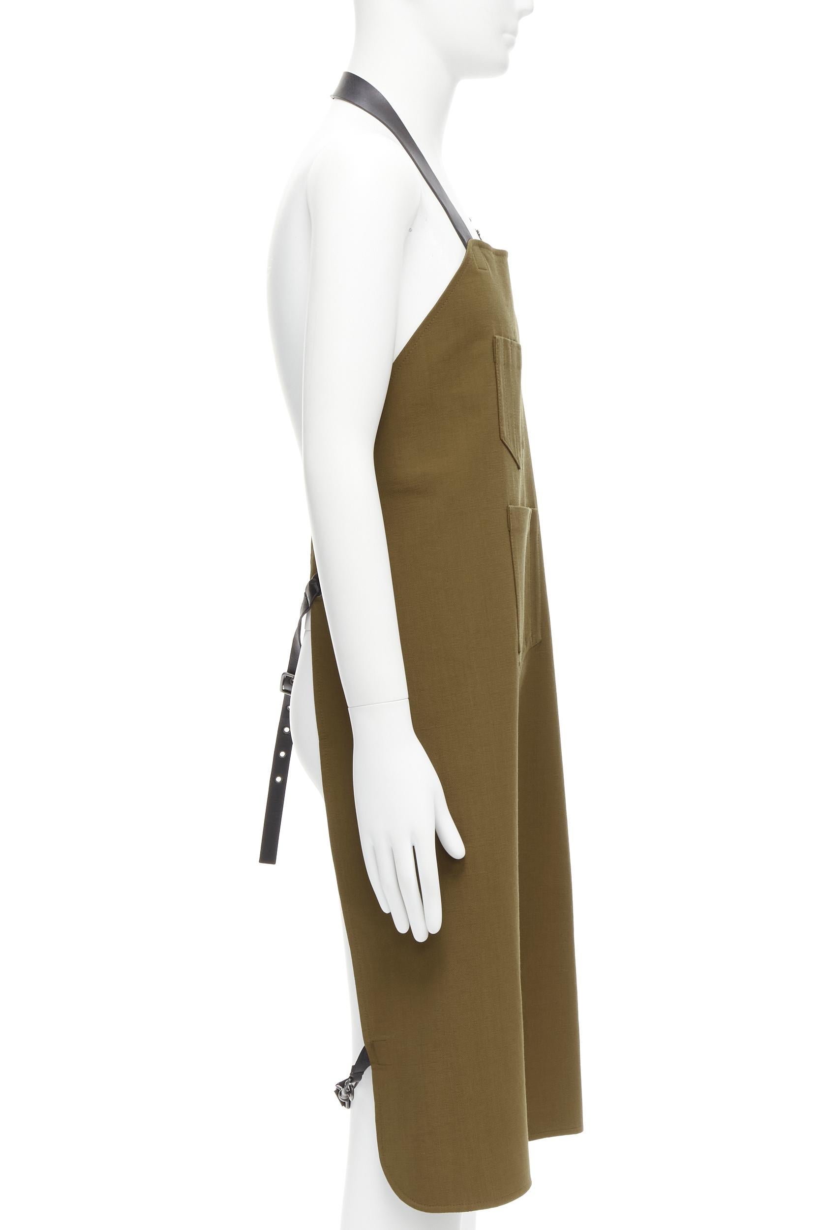 BALENCIAGA Demna khaki brown backless harness leather buckle apron dungaree In Good Condition For Sale In Hong Kong, NT