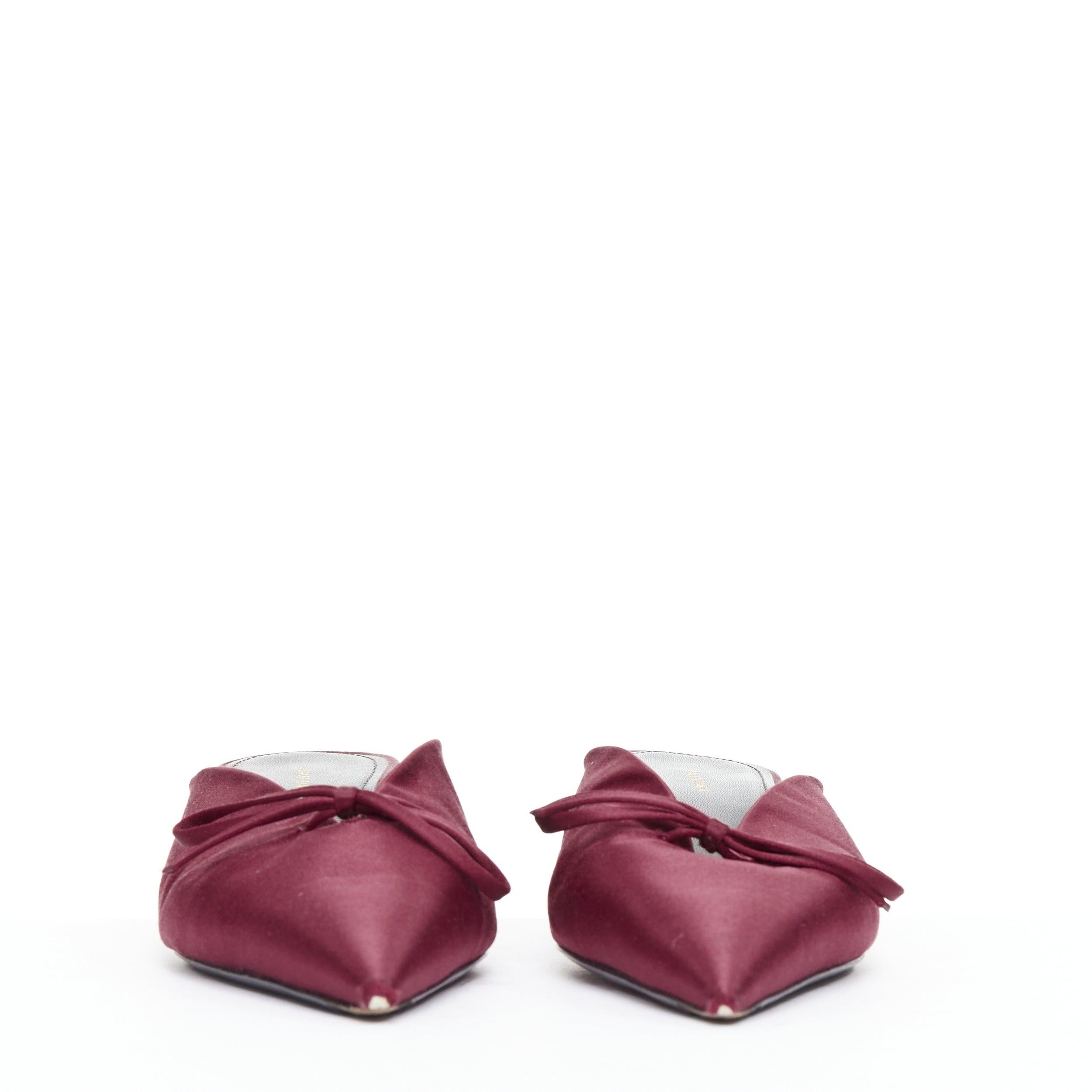 Marrone BALENCIAGA Demna Knife Mules burgundy satin bow pointy kitten heels EU38.5 in vendita