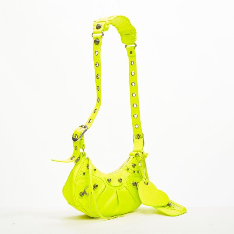 Yellow BALENCIAGA DEMNA LE Cagole XS neon yellow silver stud crossbody Motocross bag For Sale