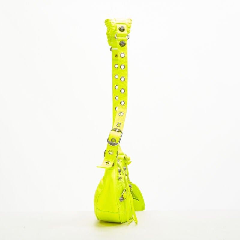 BALENCIAGA DEMNA LE Cagole XS neon yellow silver stud crossbody Motocross bag In Excellent Condition For Sale In Hong Kong, NT