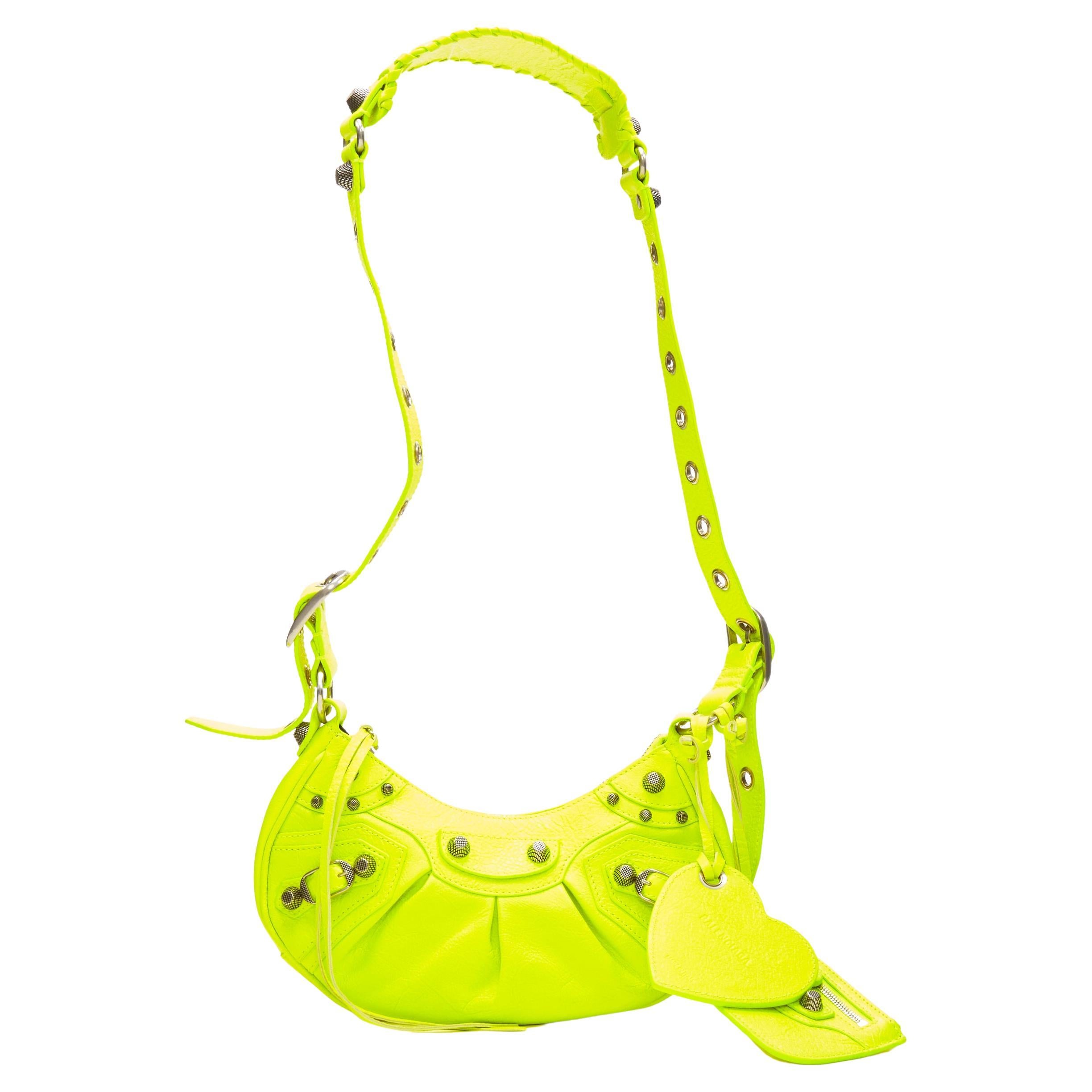 BALENCIAGA DEMNA LE Cagole XS neon yellow silver stud crossbody Motocross bag For Sale