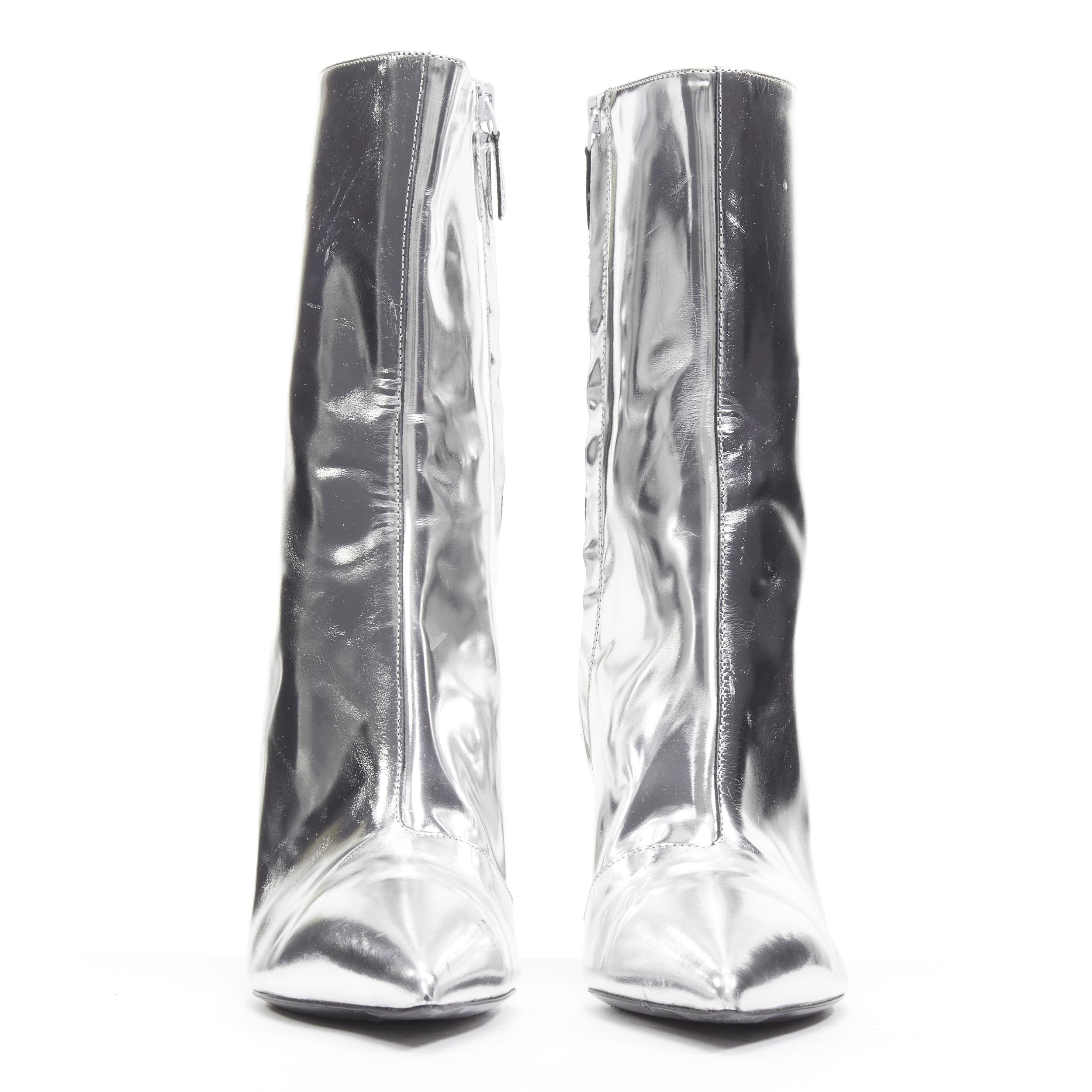 Silver BALENCIAGA Demna silver metallic mirrored leather high ankle boots EU38 For Sale