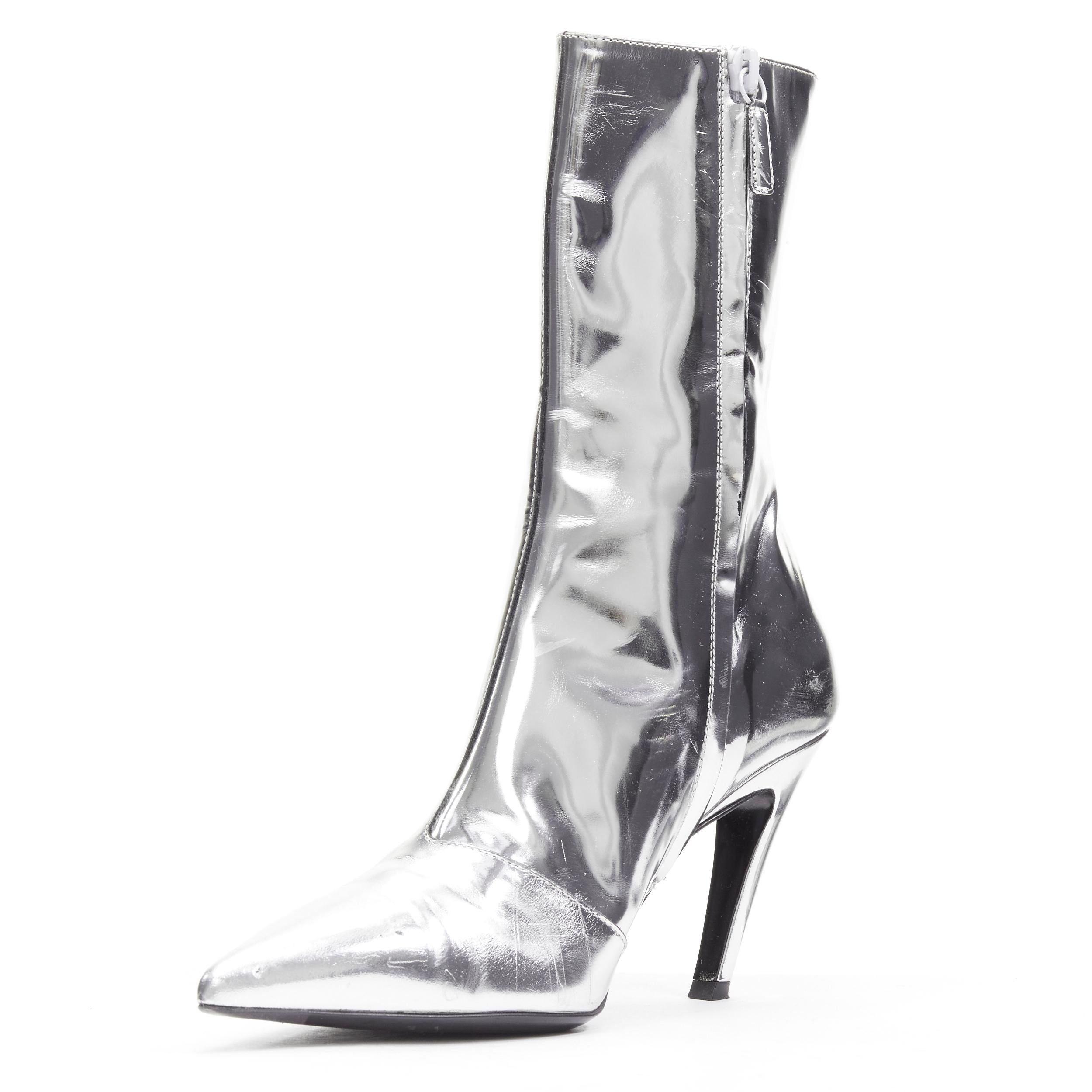 BALENCIAGA Demna silver metallic mirrored leather high ankle boots EU38 In Fair Condition For Sale In Hong Kong, NT