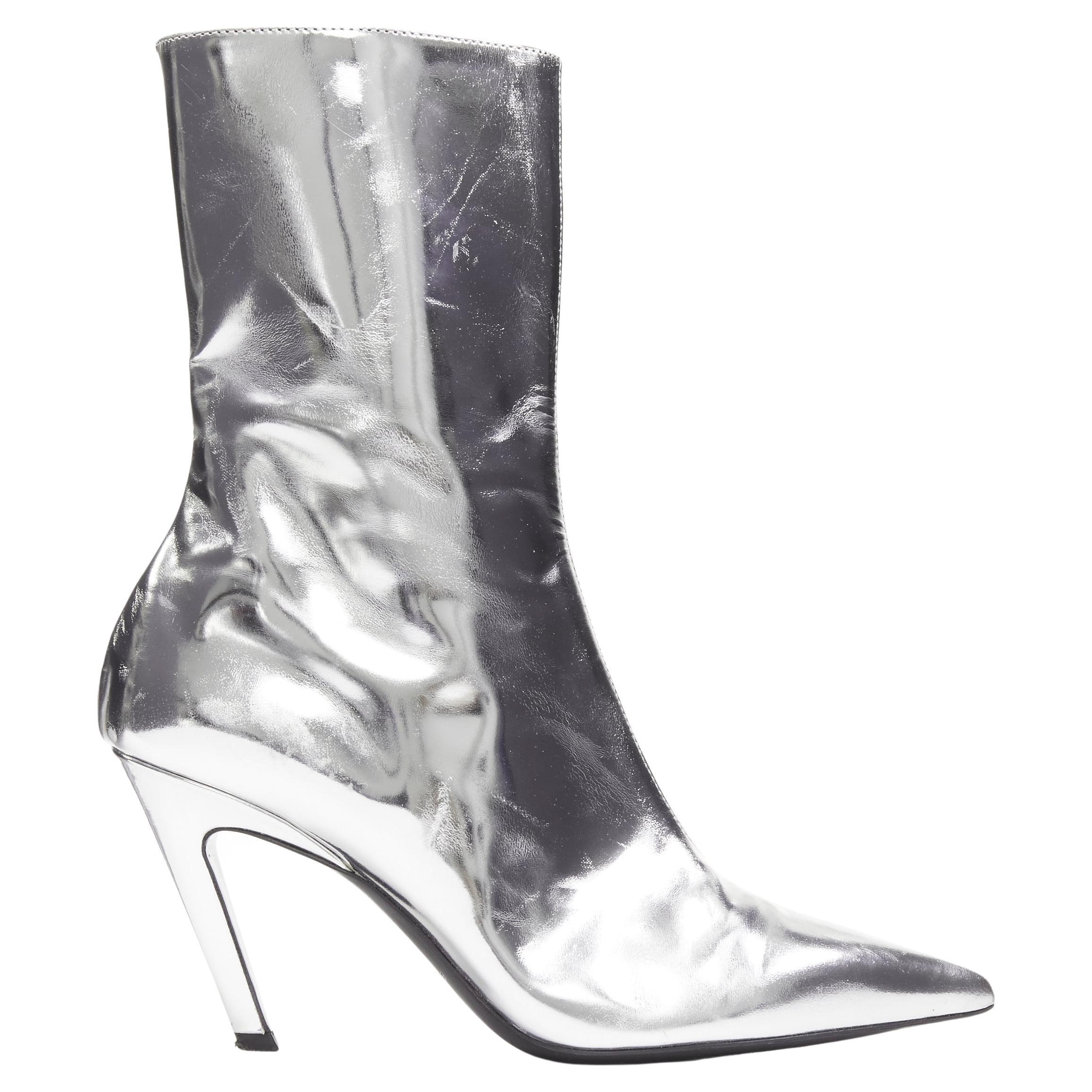 BALENCIAGA Demna silver metallic mirrored leather high ankle boots EU38 For Sale