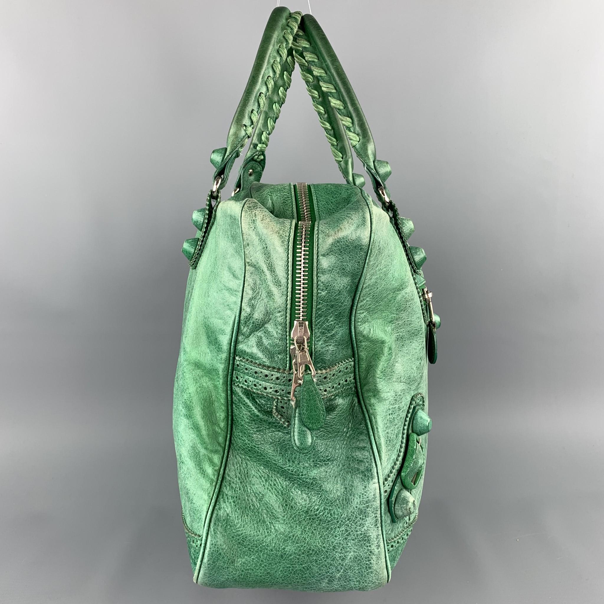 Gray BALENCIAGA Distressed Green Leather Top Handles Handbag
