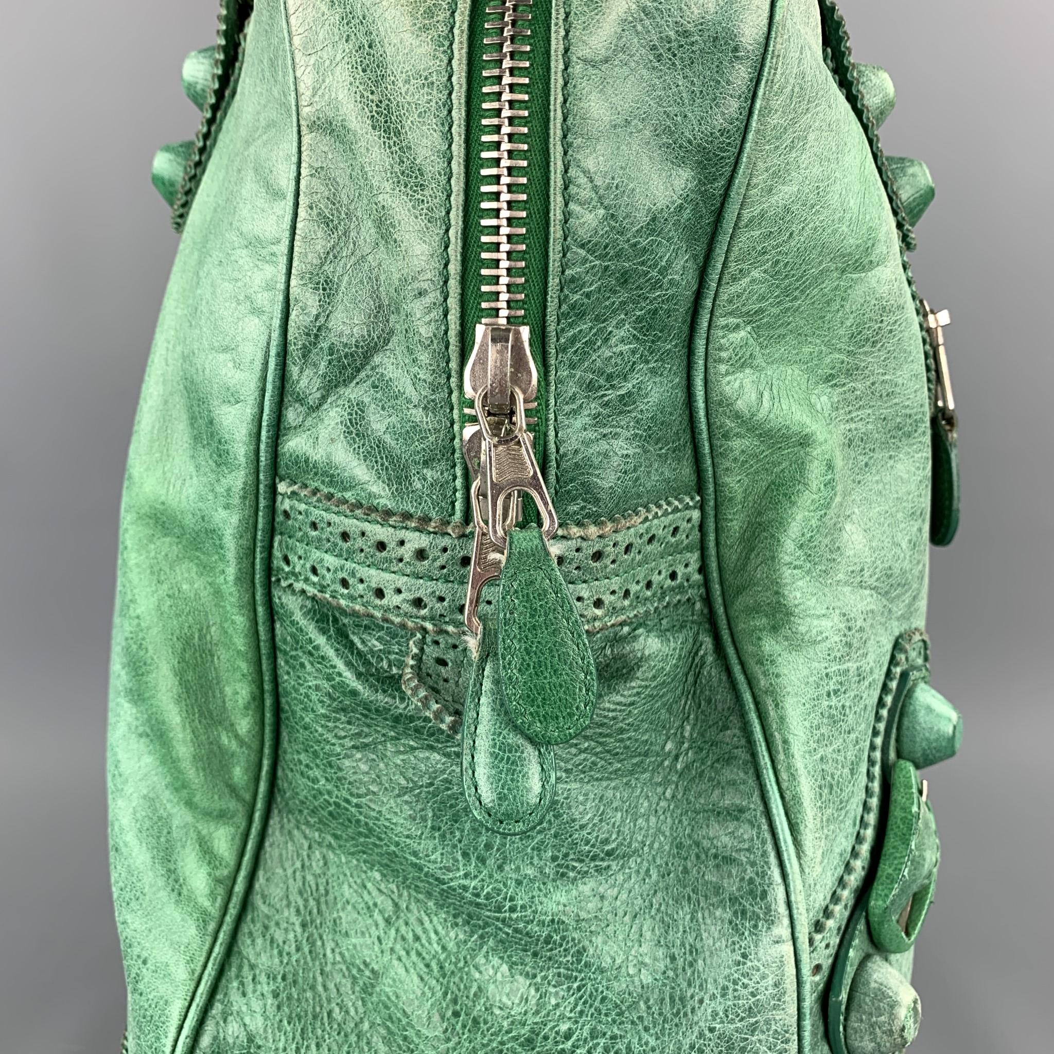 BALENCIAGA Distressed Green Leather Top Handles Handbag In Good Condition In San Francisco, CA