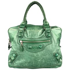 BALENCIAGA Distressed Green Leather Top Handles Handbag