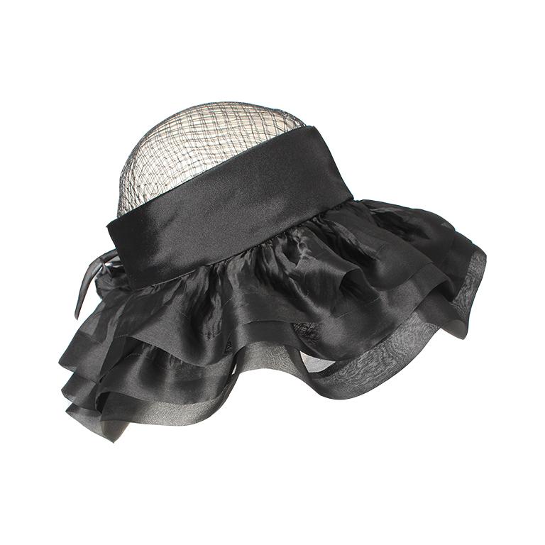 Balenciaga early 1960's black silk and mesh hat with floral embellishment  In Excellent Condition For Sale In London, GB