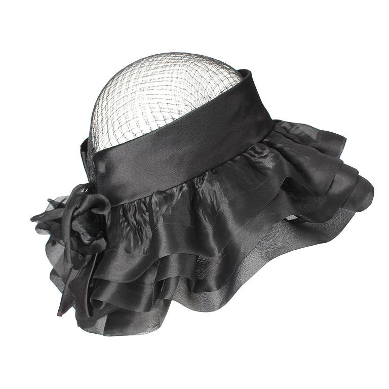 Black Balenciaga black silk and mesh hat with floral embellishment, c. 1960