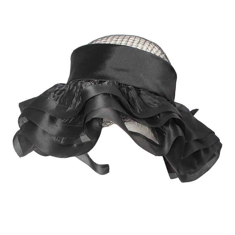 Balenciaga early 1960's black silk and mesh hat with floral embellishment 