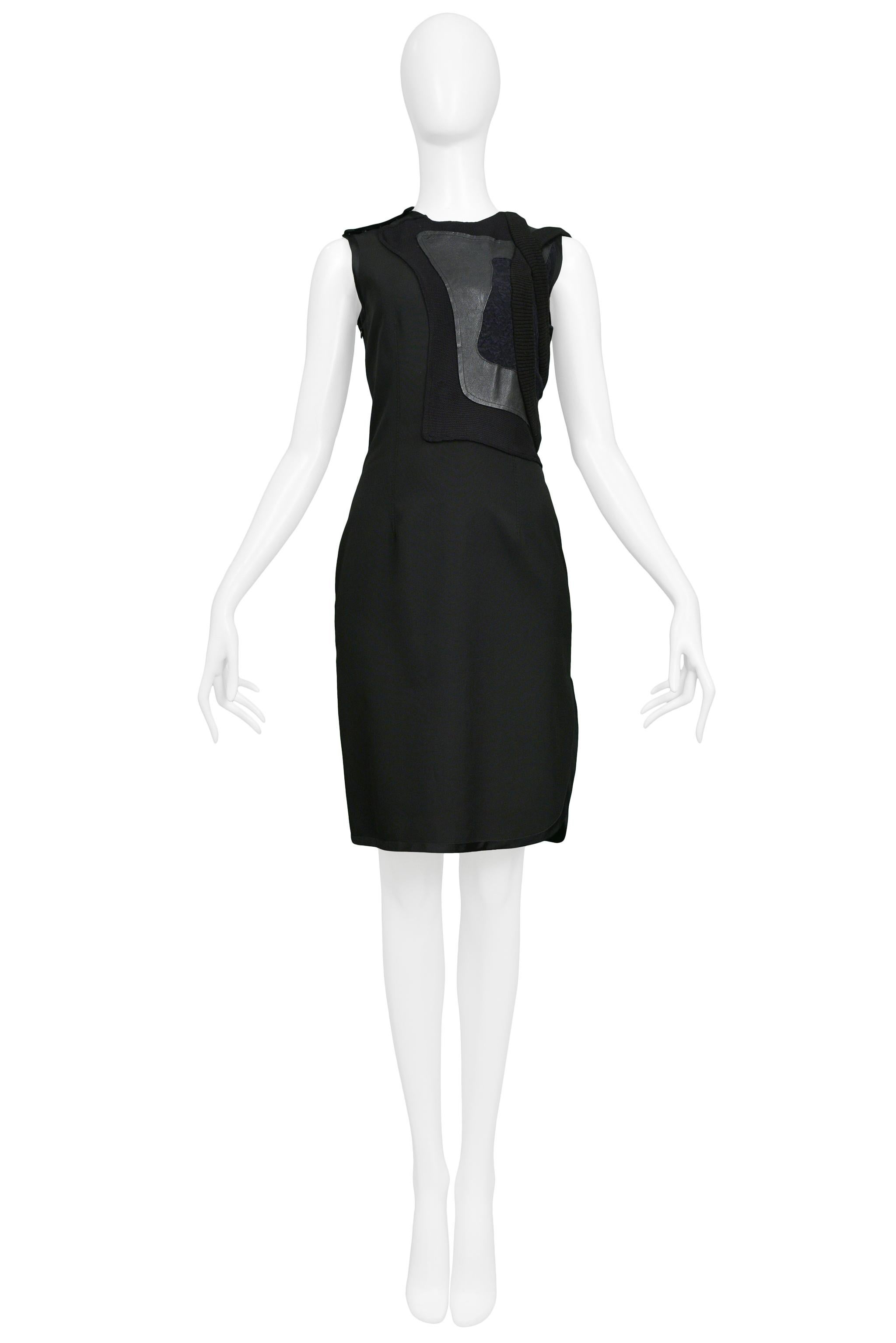 Resurrection Vintage is excited to offer a vintage Balenciaga by Nicolas Ghesquiere black sleeveless shift dress with multi-fabric and leather patchwork bodice, ribbed trim, and side zipper. Circa 1990s. 
Balenciaga Paris
Size 38
Measurements: Bust