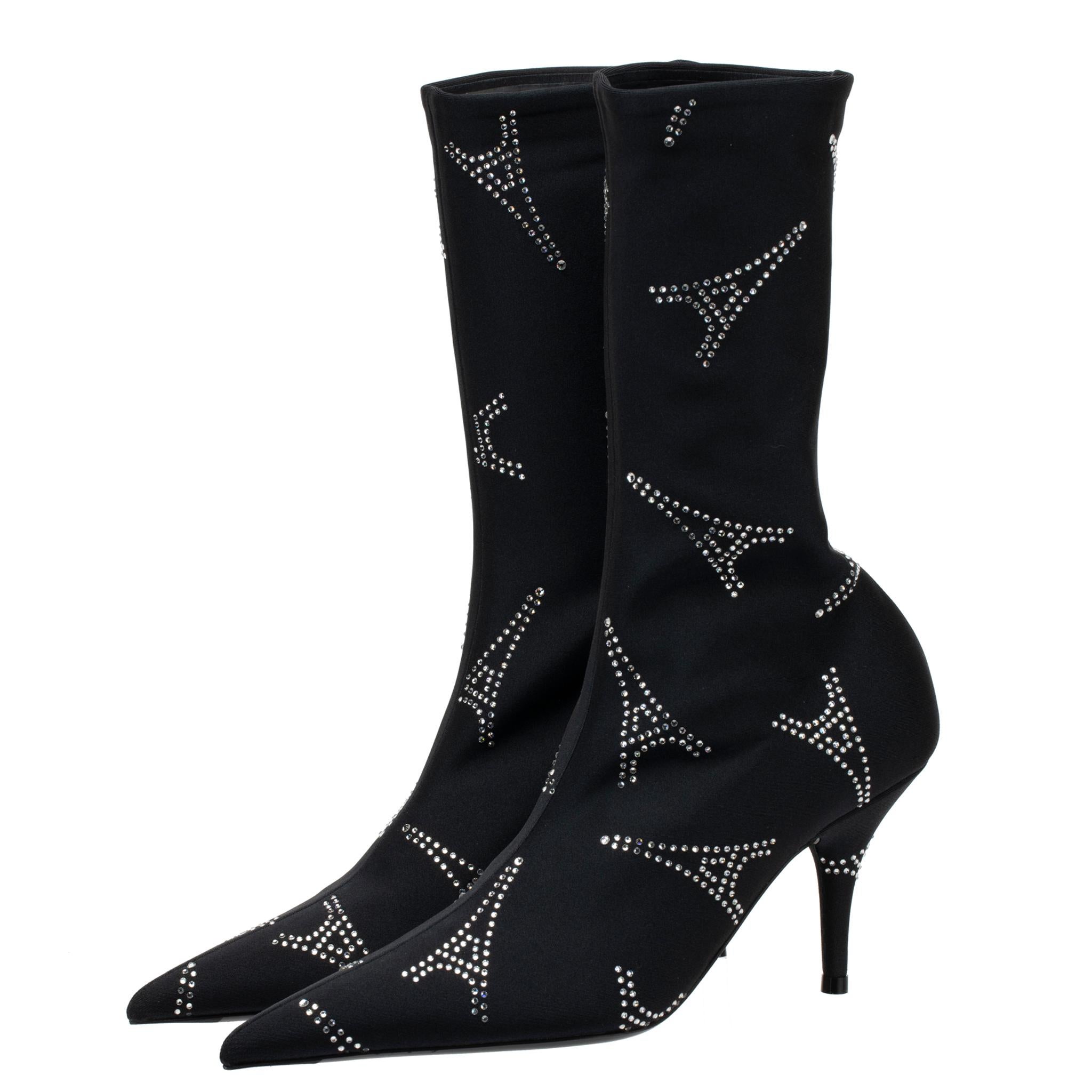 Balenciaga Eiffel Tower Crystal Stretch Knit Knife Boot Black 35 FR In New Condition For Sale In DOUBLE BAY, NSW