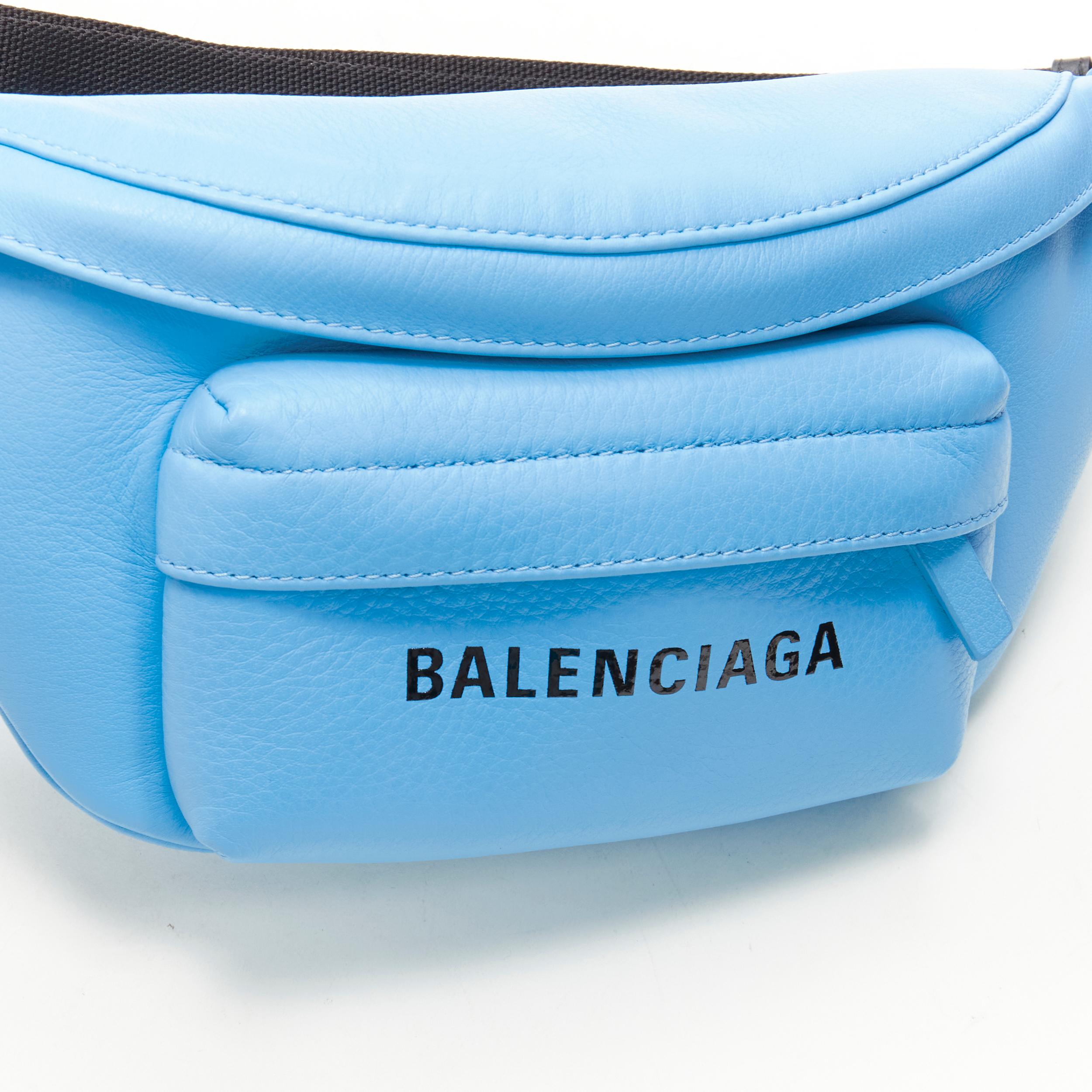 Women's BALENCIAGA Everyday Belt Pack XS sky blue leather logo print crossbody waist bag For Sale