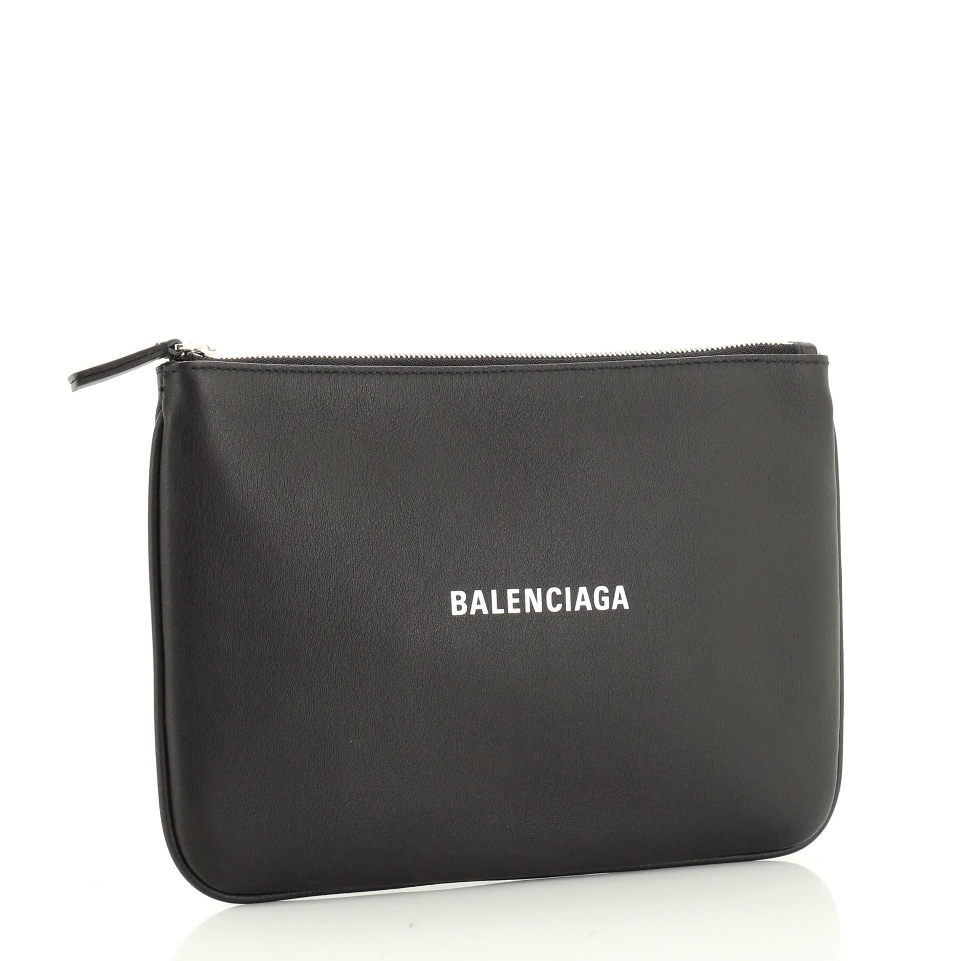 Black Balenciaga Everyday Logo Pouch Printed Leather Medium