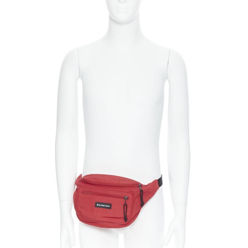 Red BALENCIAGA Explorer red nylon logo dual pocket waist belt pack crossbody bag For Sale
