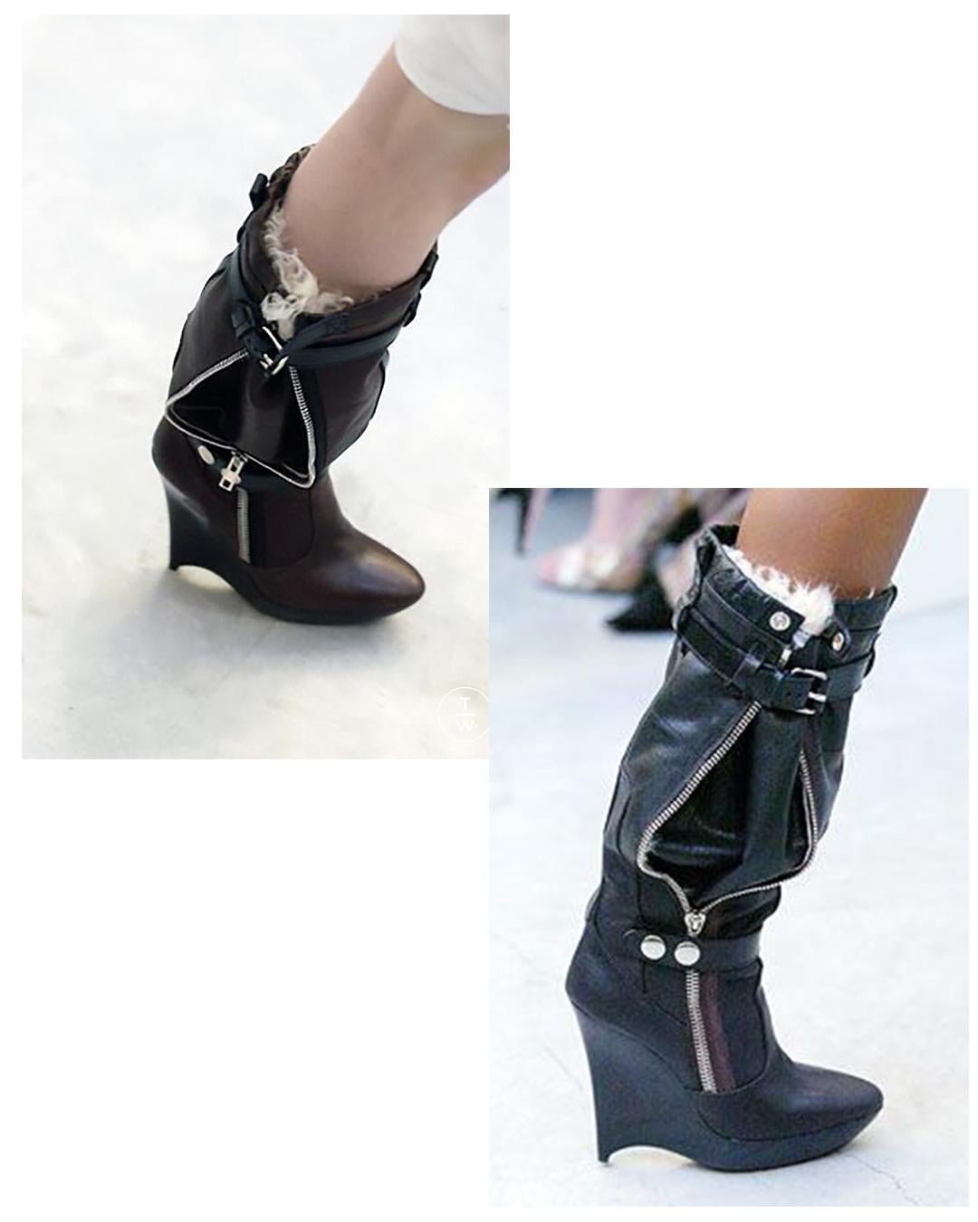 Balenciaga F/W 04 black leather shearling fur zip platform wedge heels boots 39 For Sale 8