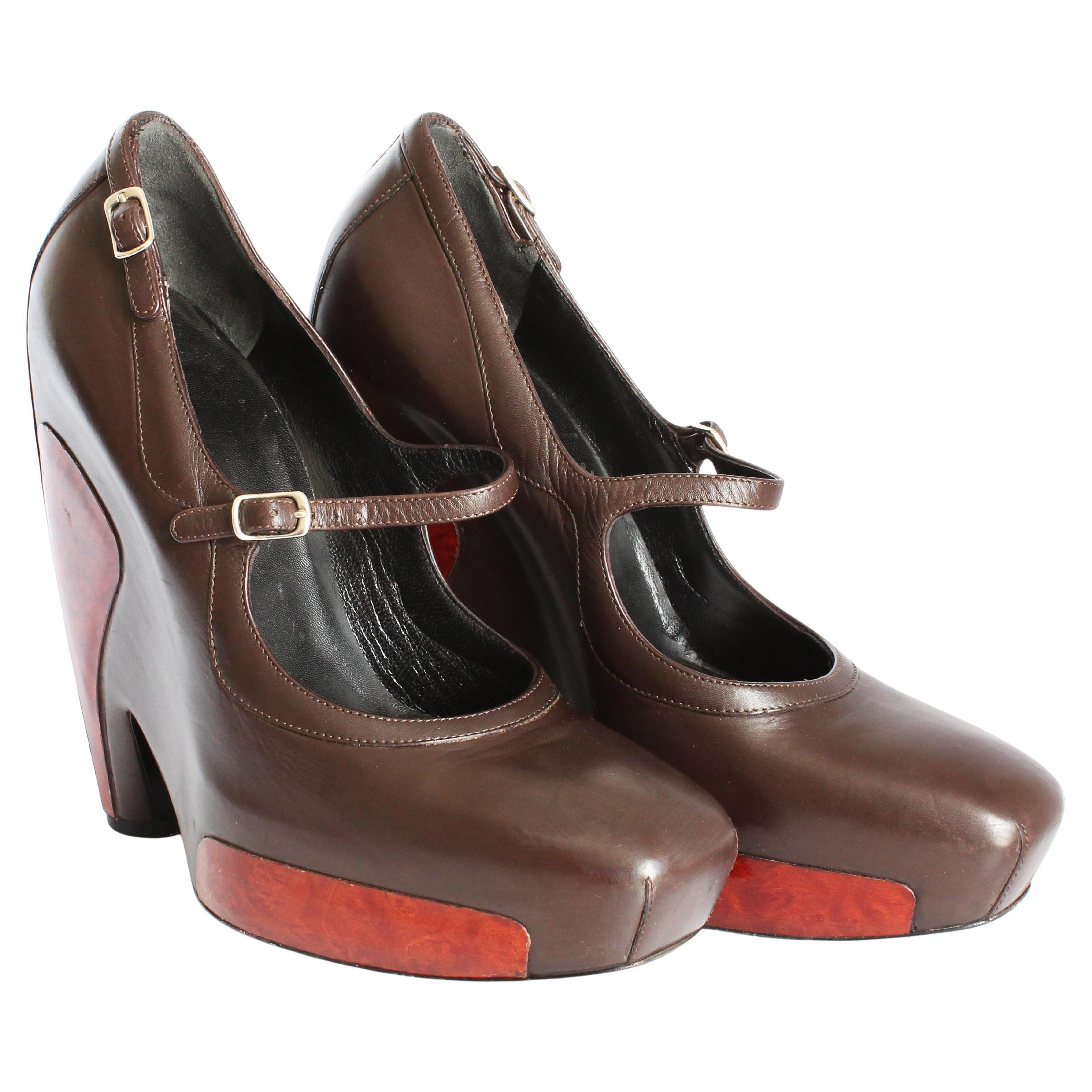 Balenciaga F/W 2006 Mary Jane Platform Heels Brown Leather Wood Sz 38 Runway HTF