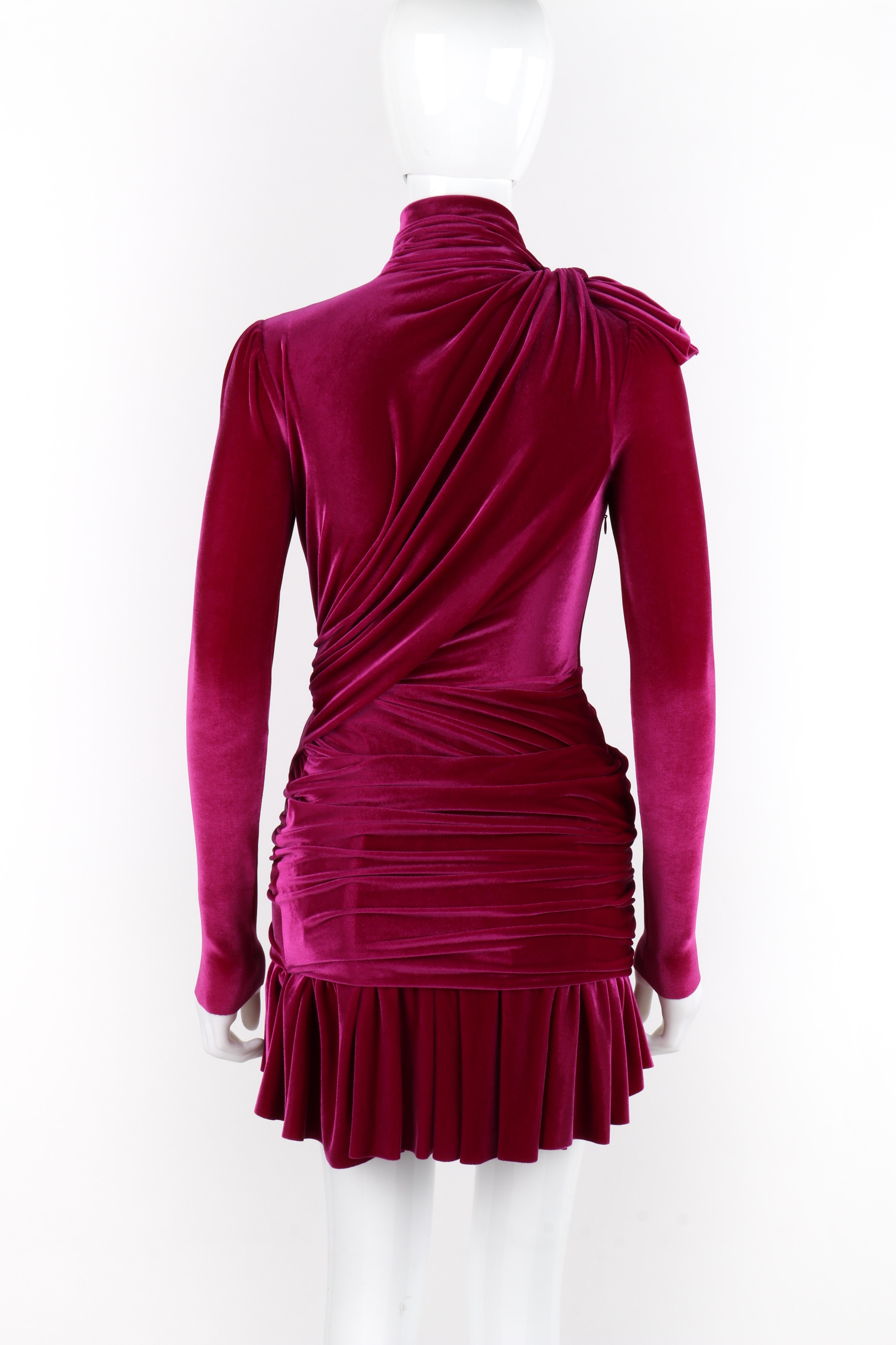 BALENCIAGA F/W 2018 Fuschia Velvet Gathered Longsleeve Turtleneck Mini Dress In Good Condition In Thiensville, WI