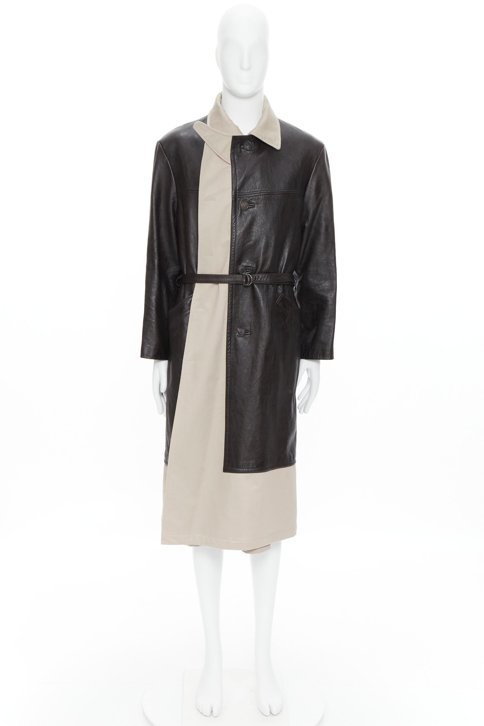 BALENCIAGA Fake Layering black leather beige trench belted coat M 4
