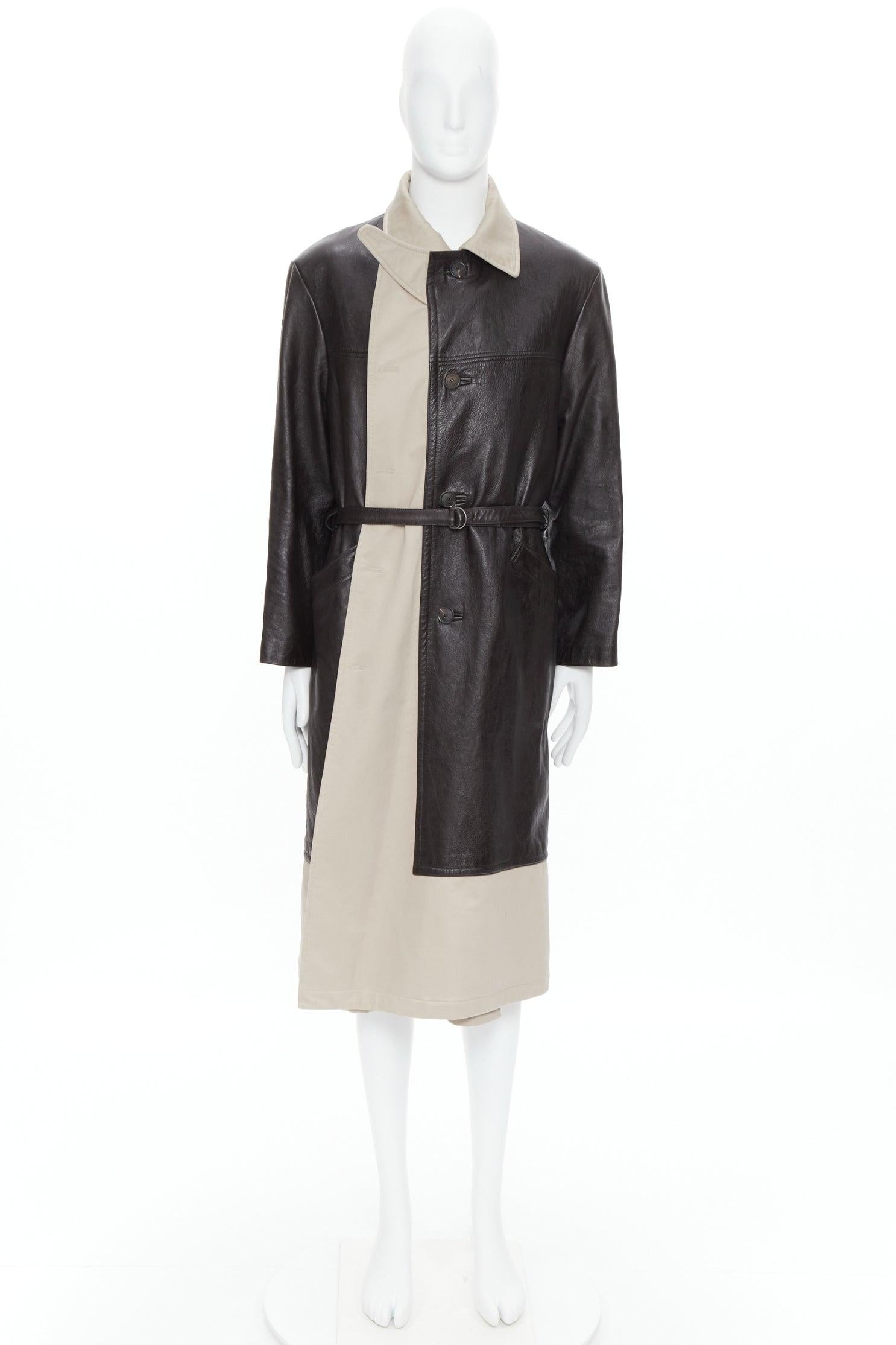 BALENCIAGA Fake Layering black leather beige trench belted coat M For Sale 9