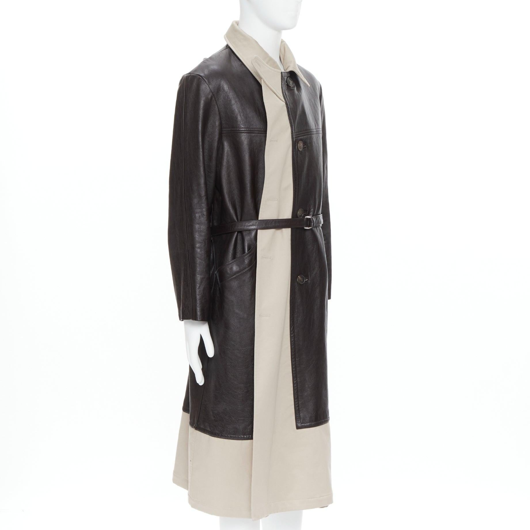BALENCIAGA Fake Layering black leather beige trench belted coat M In Excellent Condition For Sale In Hong Kong, NT