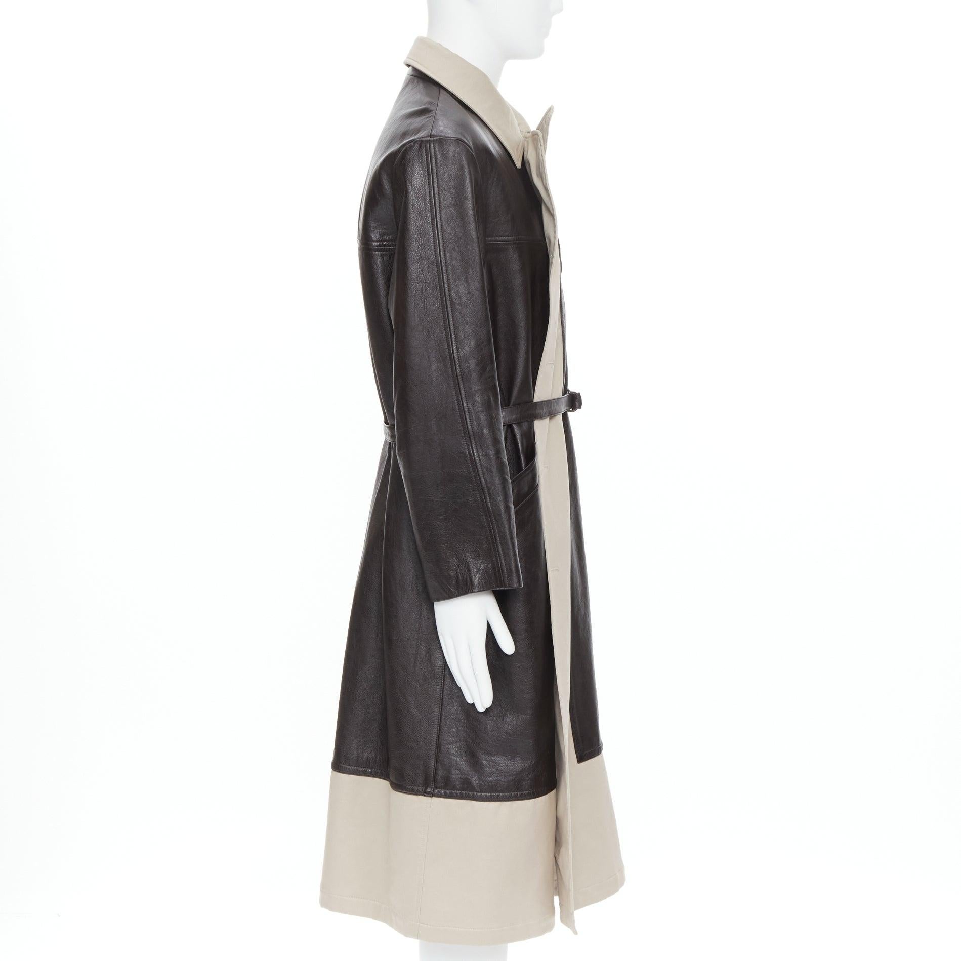 Men's BALENCIAGA Fake Layering black leather beige trench belted coat M For Sale