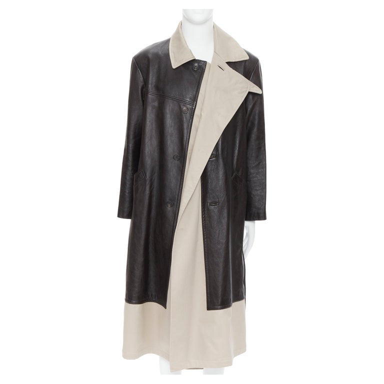 BALENCIAGA Fake Layering black leather beige trench belted coat M For Sale  at 1stDibs