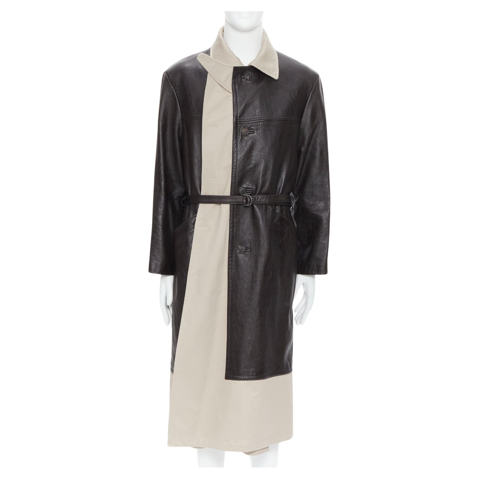 BALENCIAGA Fake Layering black leather beige trench belted coat M For Sale