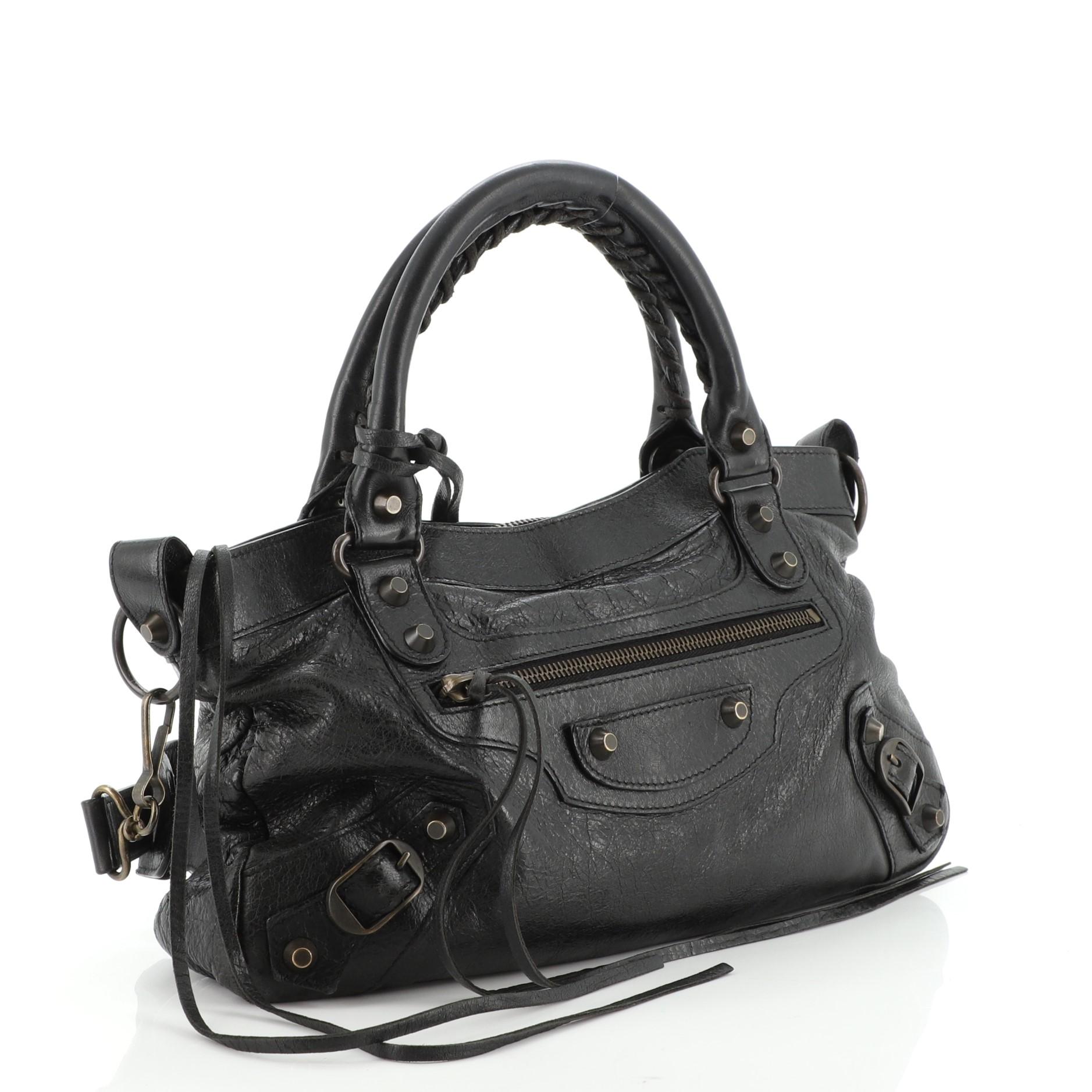 Black Balenciaga First Classic Studs Bag Leather