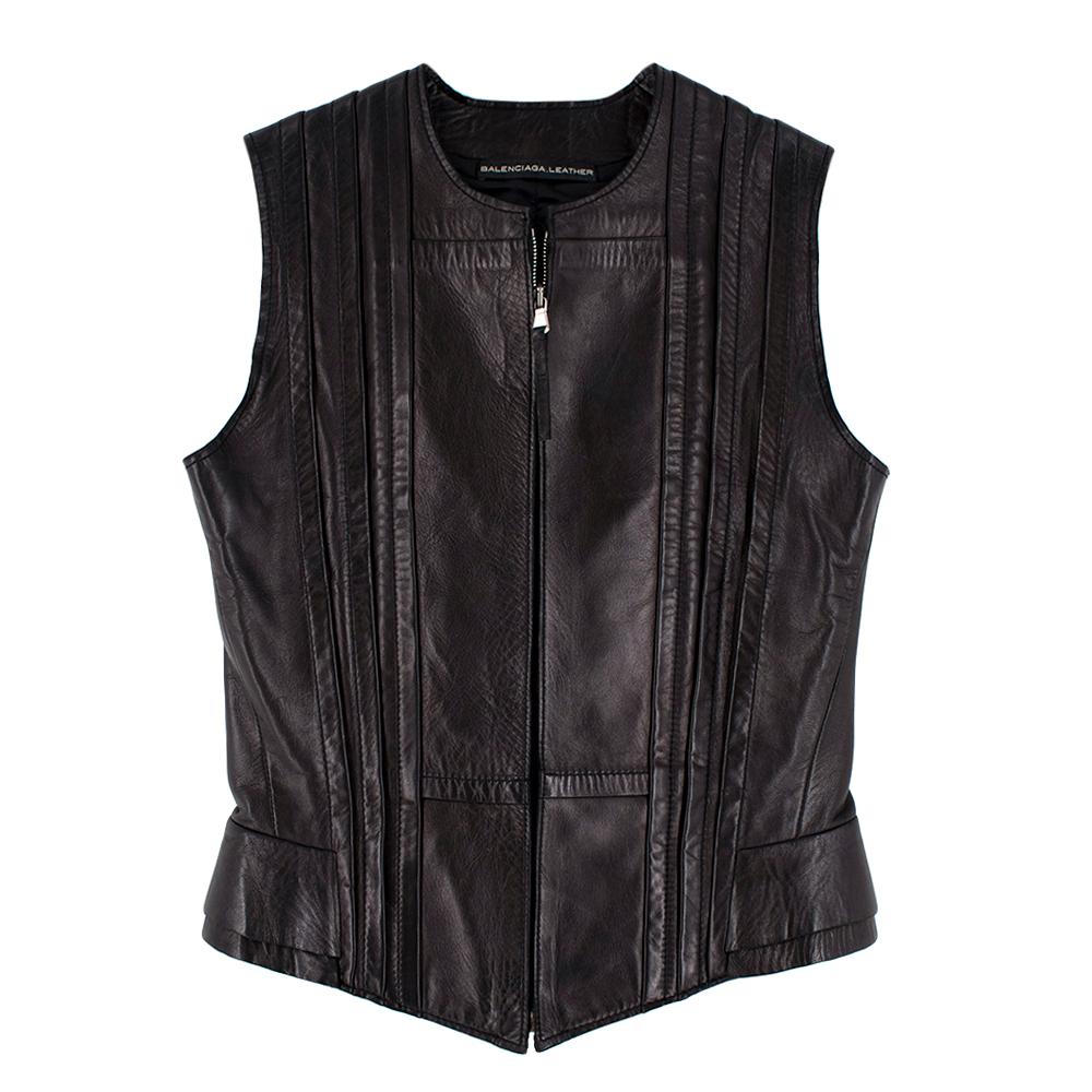 Black Balenciaga Fitted Dark Brown Leather Sleeveless Vest - Size US 6