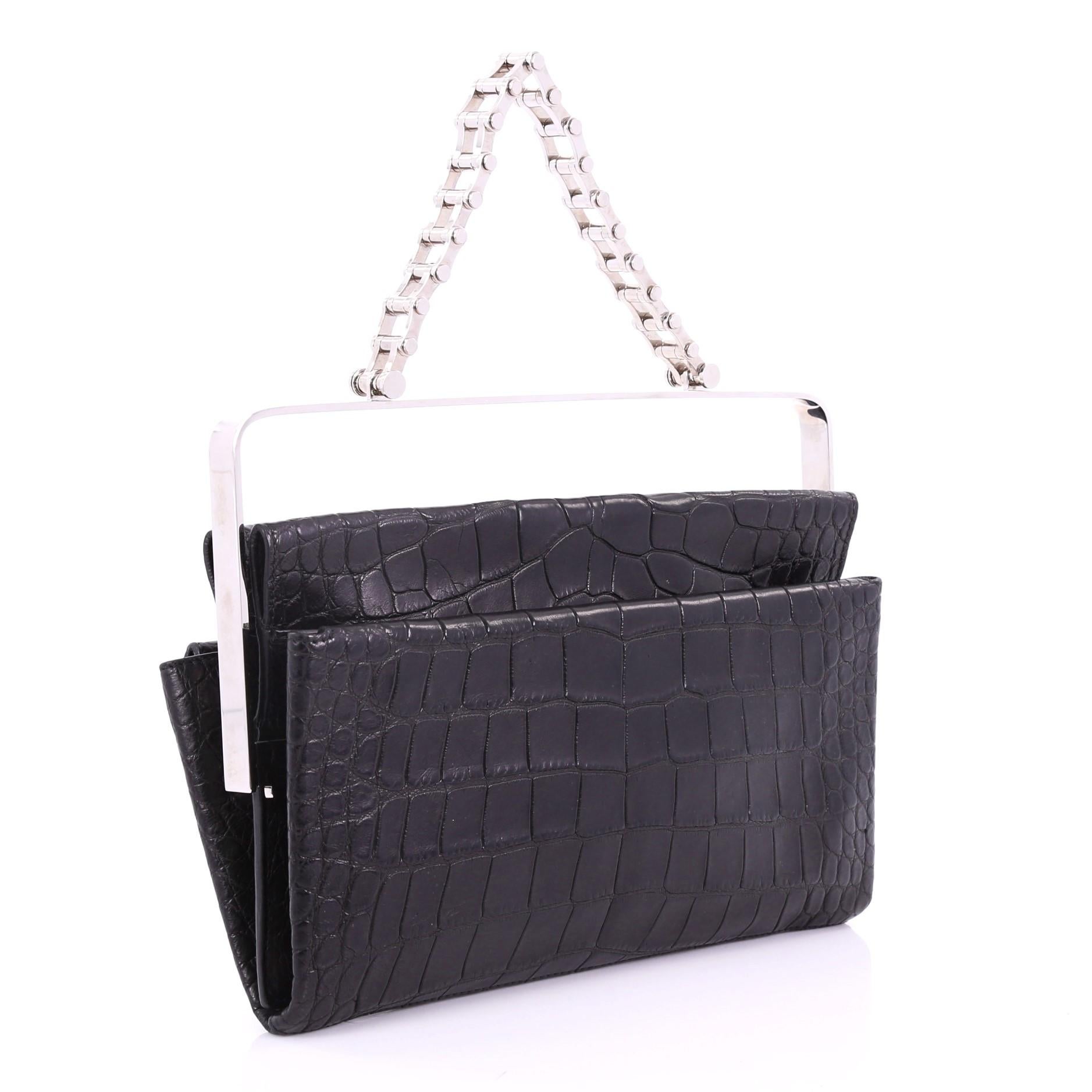 Balenciaga Flap Clutch with Top Handle Embossed Crocodile and Leather Medium (Schwarz)