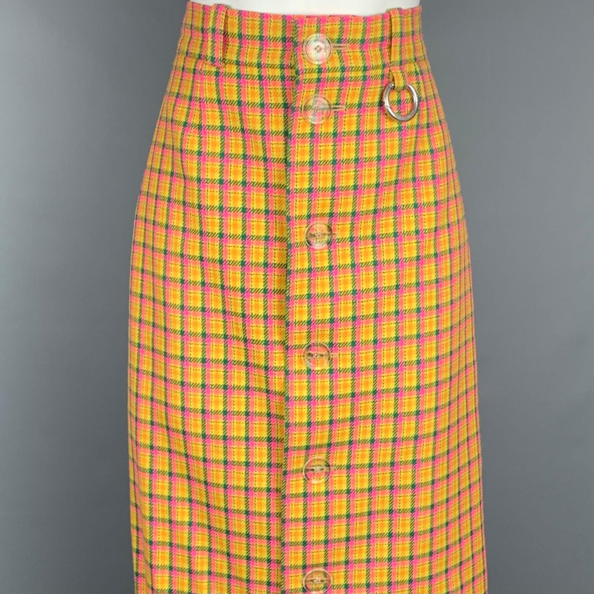 BALENCIAGA Fall Winter 2018 skirt by Demna Gvasalia comes in a yellow & pink check print wool wool blend with a black liner featuring a high waisted style, silver tone detachable hoop, mid-length fit, belt loops, and a clear button closure. Made in