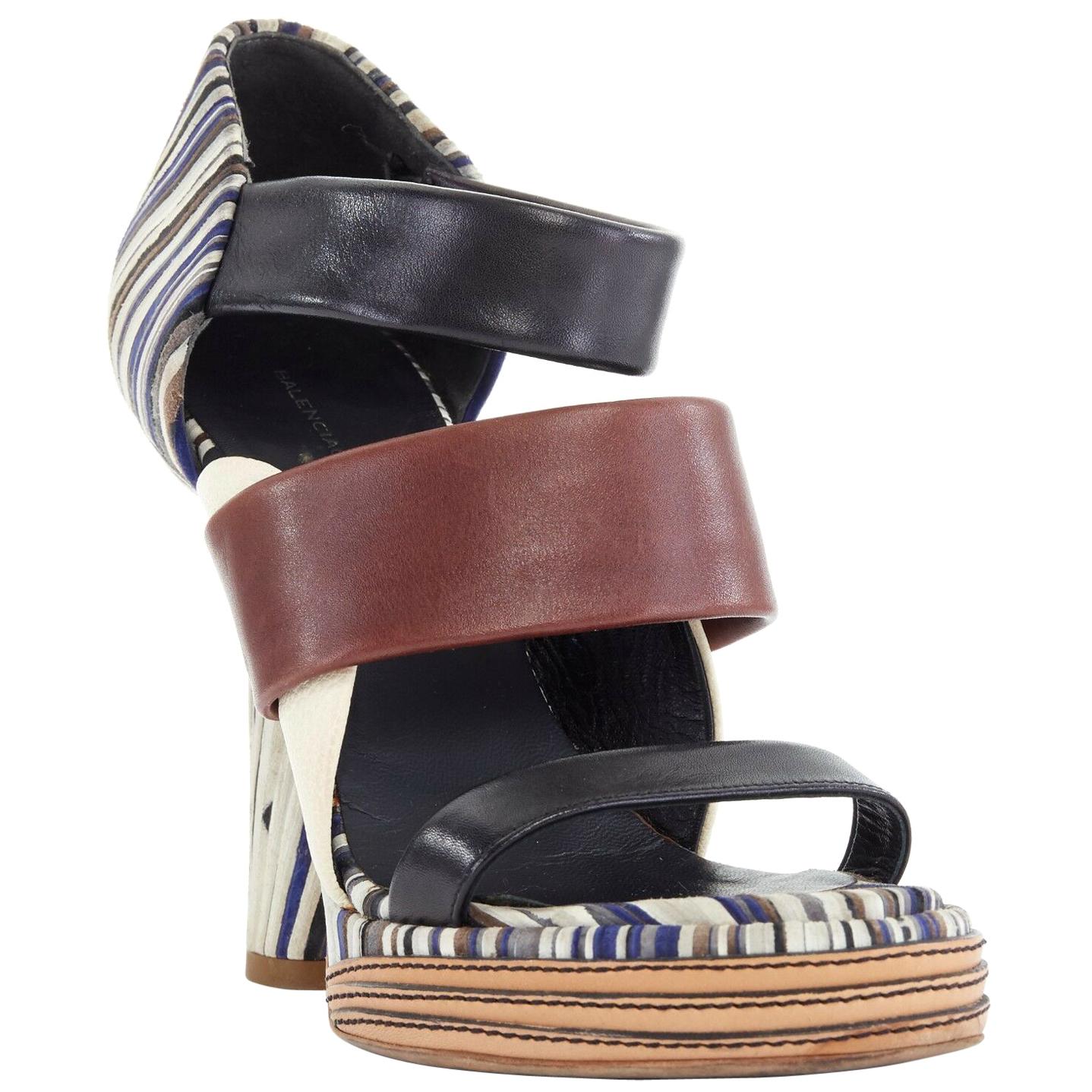 BALENCIAGA Ghesquiere grey blue striped leather sculpted heel sandals EU36 US6
