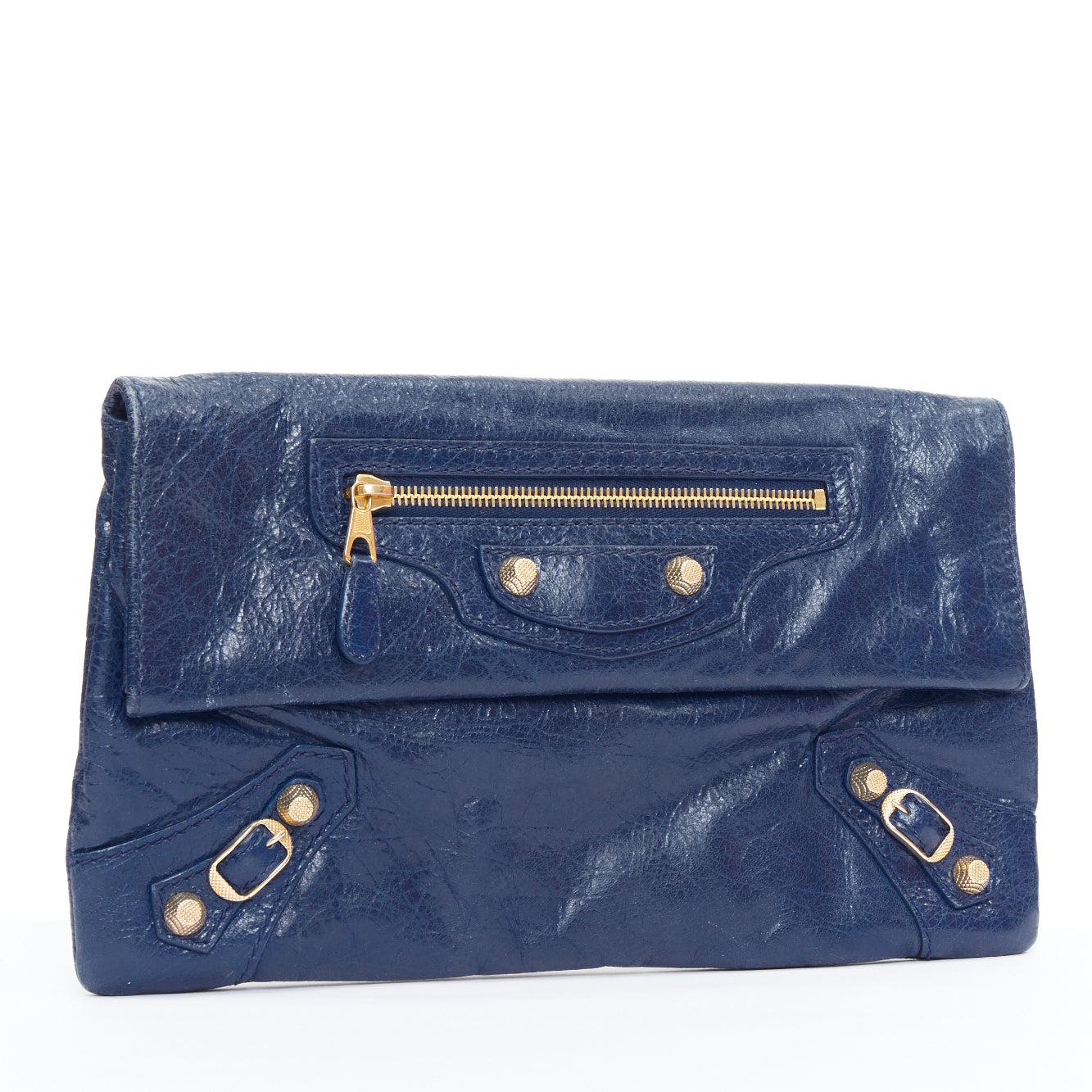 Gray BALENCIAGA Giant 12 bleu mineral lambskin leather gold envelope clutch bag