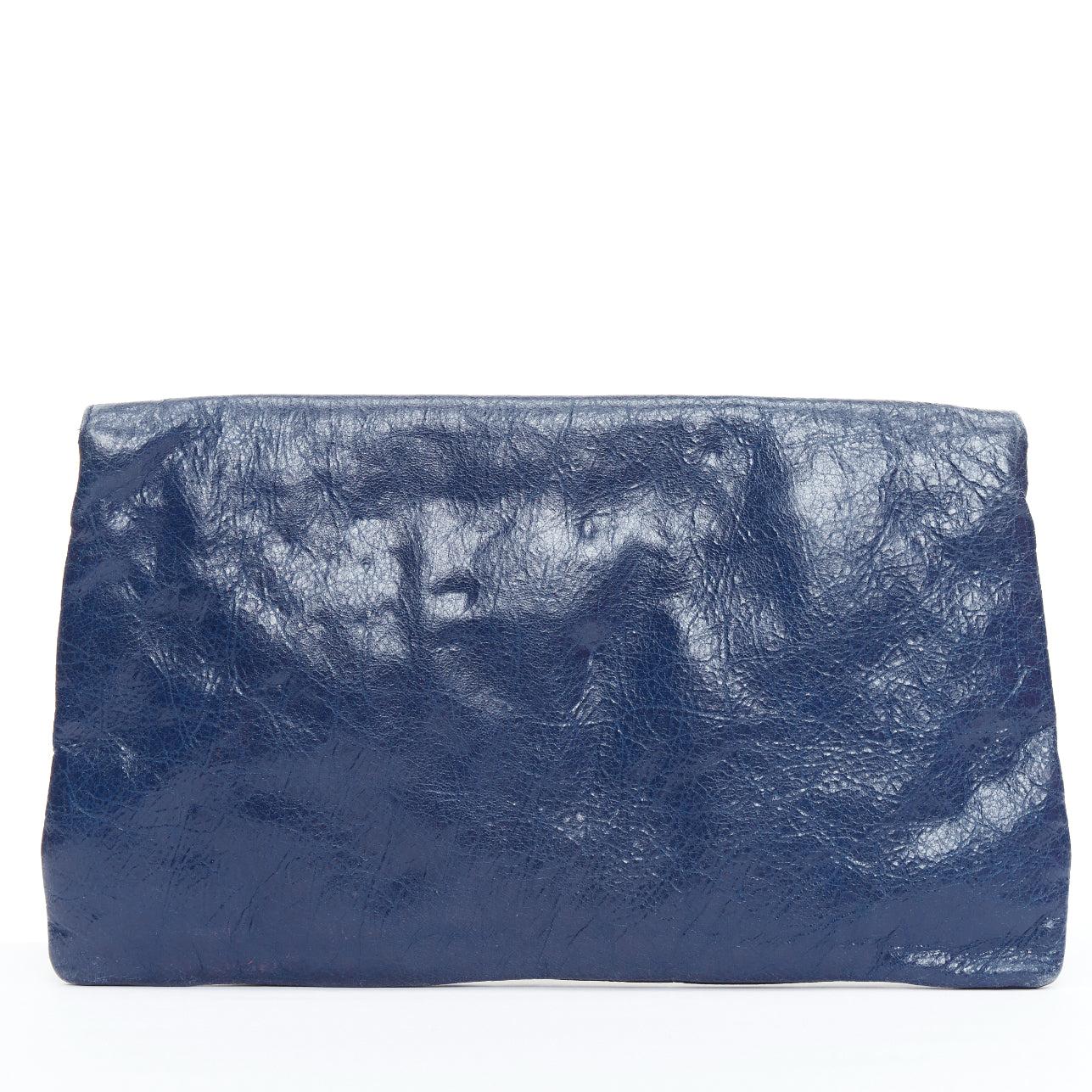 BALENCIAGA Giant 12 bleu mineral lambskin leather gold envelope clutch bag In Good Condition In Hong Kong, NT