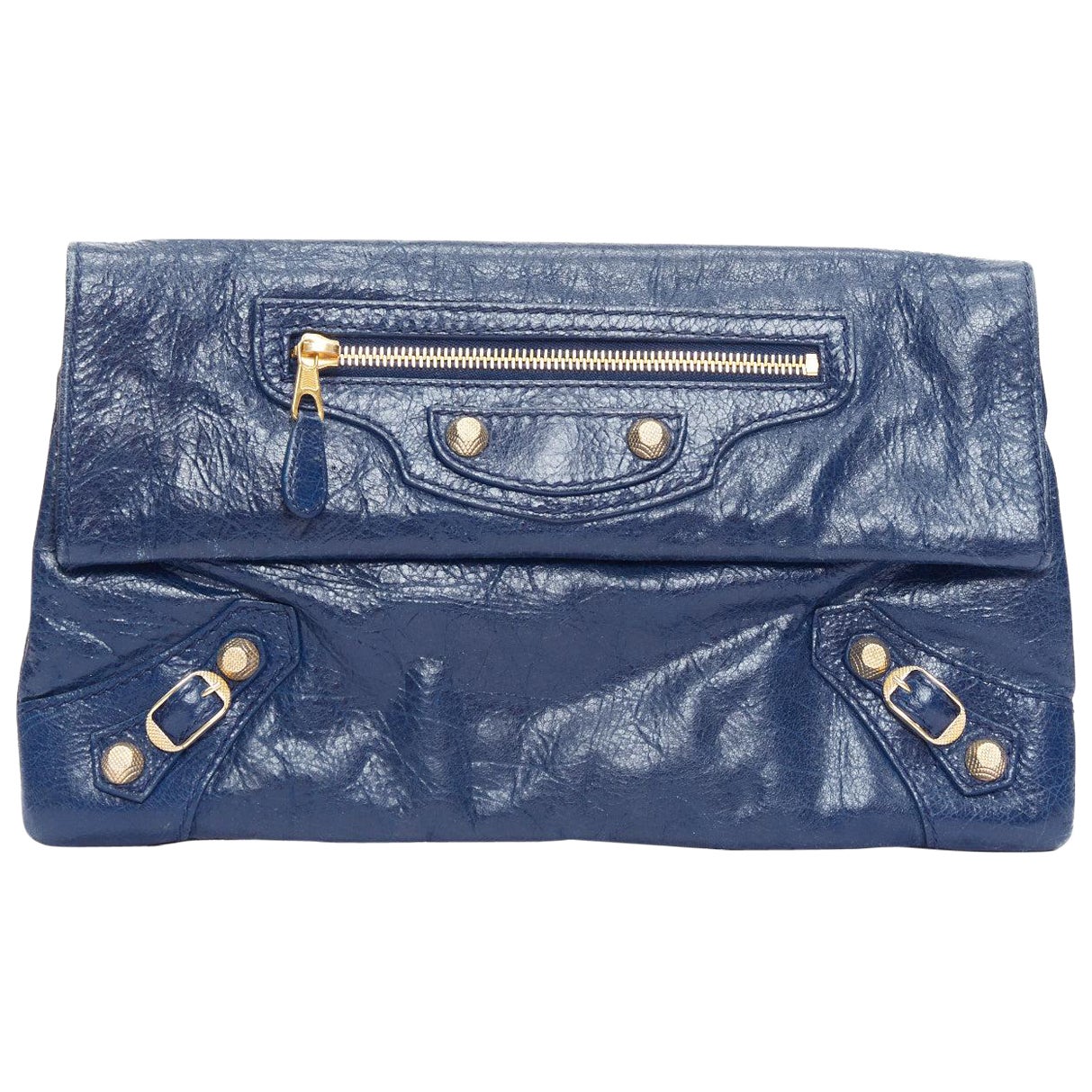BALENCIAGA Giant 12 bleu mineral lambskin leather gold envelope clutch bag