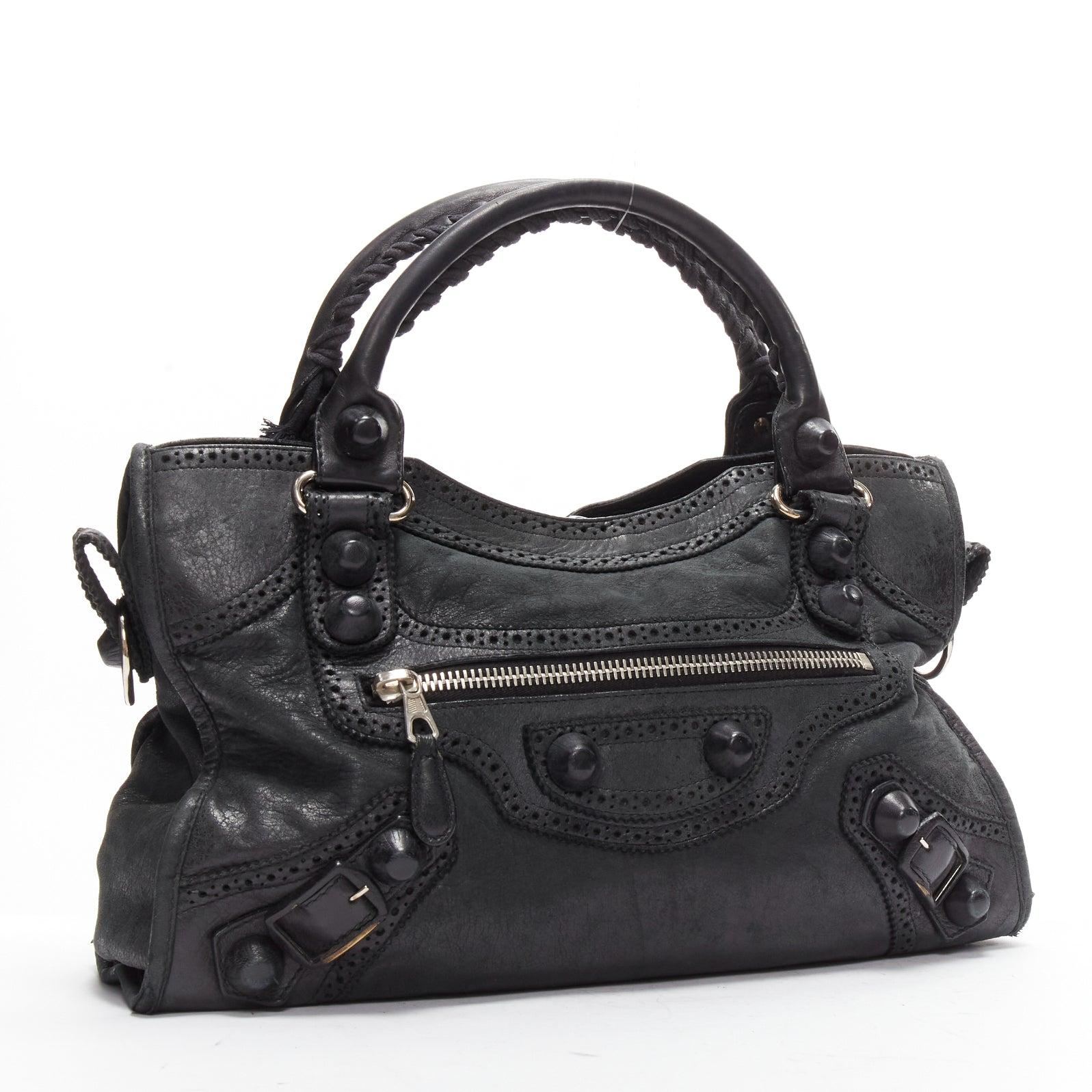 BALENCIAGA Giant 12 City black leather studded perforated trim top handle In Fair Condition In Hong Kong, NT