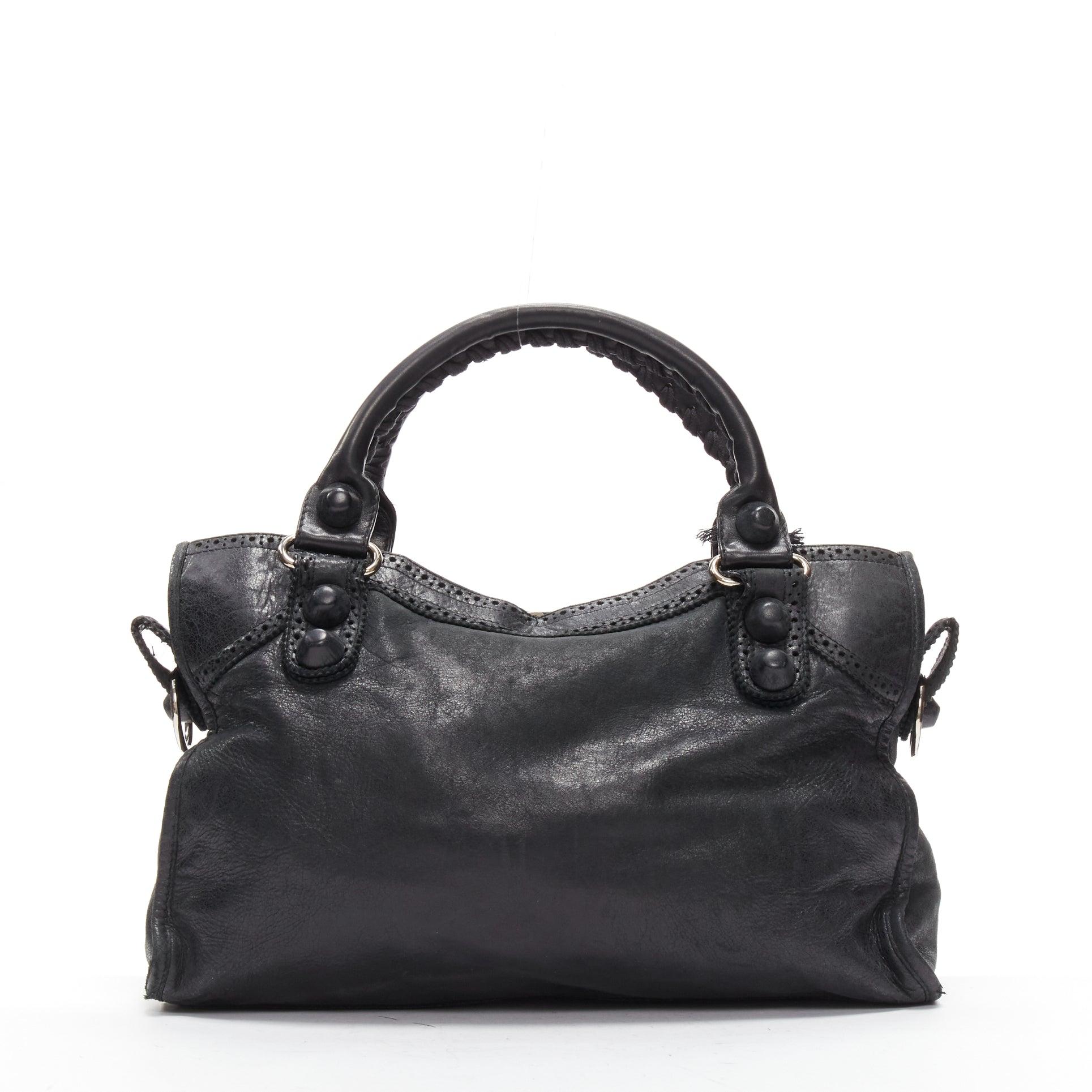 BALENCIAGA Giant 12 City black leather studded perforated trim top handle 1