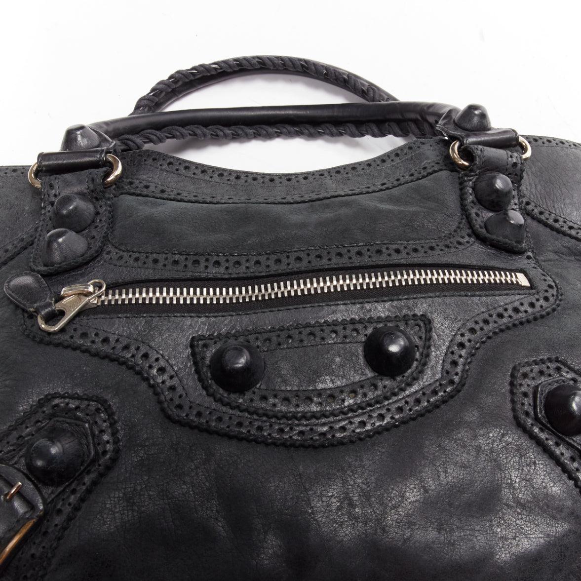 BALENCIAGA Giant 12 City black leather studded perforated trim top handle 4