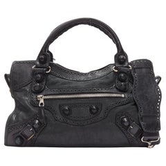 BALENCIAGA Giant 12 City black leather studded perforated trim top handle
