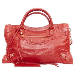BALENCIAGA Giant 12 City red lambskin gold hardware motorcycle top handle bag