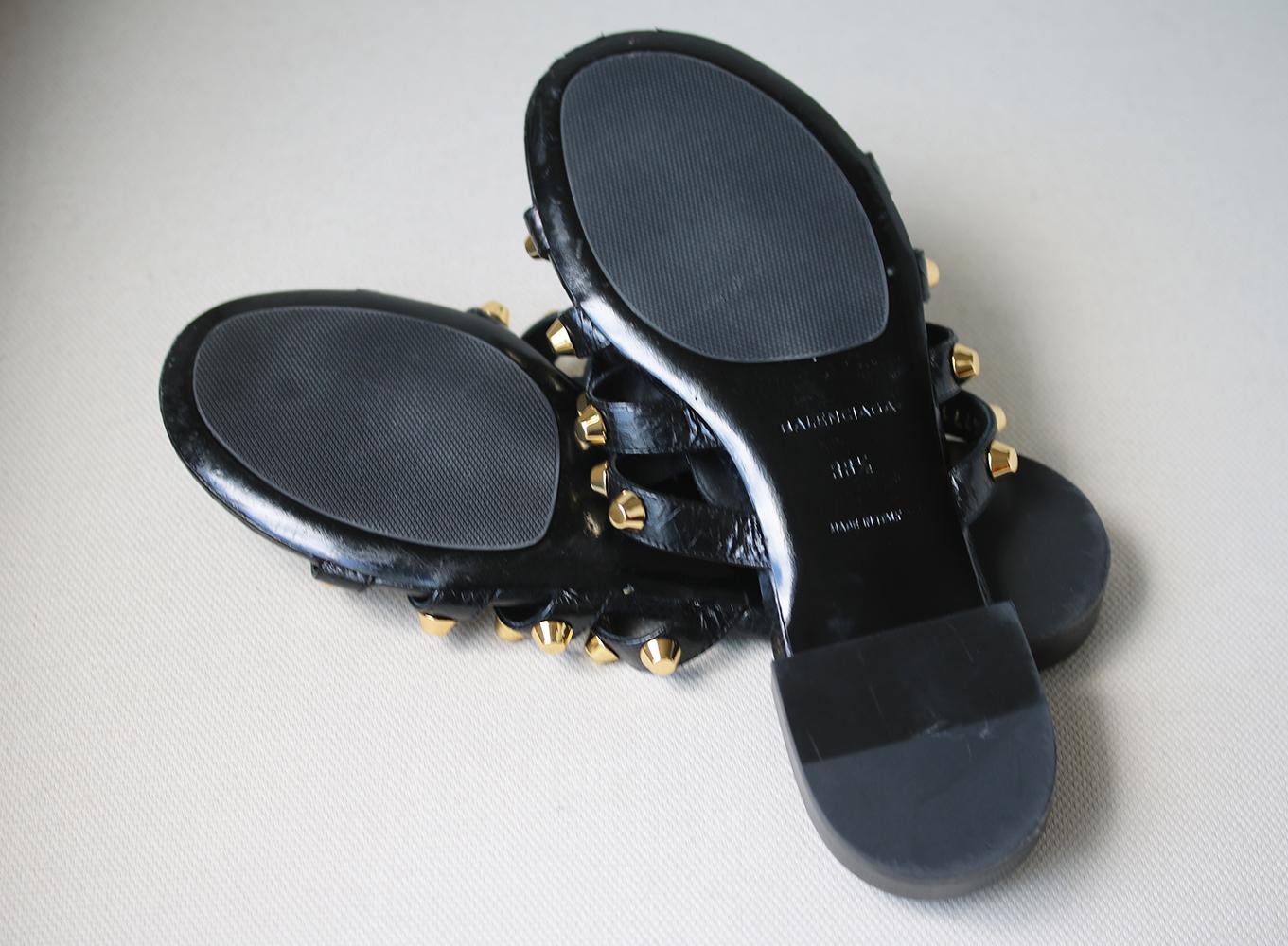Balenciaga Giant Studded Glossed Textured-Leather Slides 1
